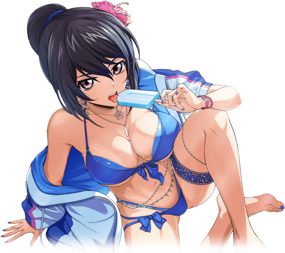 f4samurai, kousaka ayano, code geass, code geass: boukoku no akito, code geass: lost stories, official art, 1girl, bare shoulders, bikini, black hair, blue bikini, blue nails, breasts, cleavage, collarbone, food, ice cream, large breasts, looking at viewer, nail polish, navel, open mouth, outdoors, purple eyes, short hair, solo, swimsuit