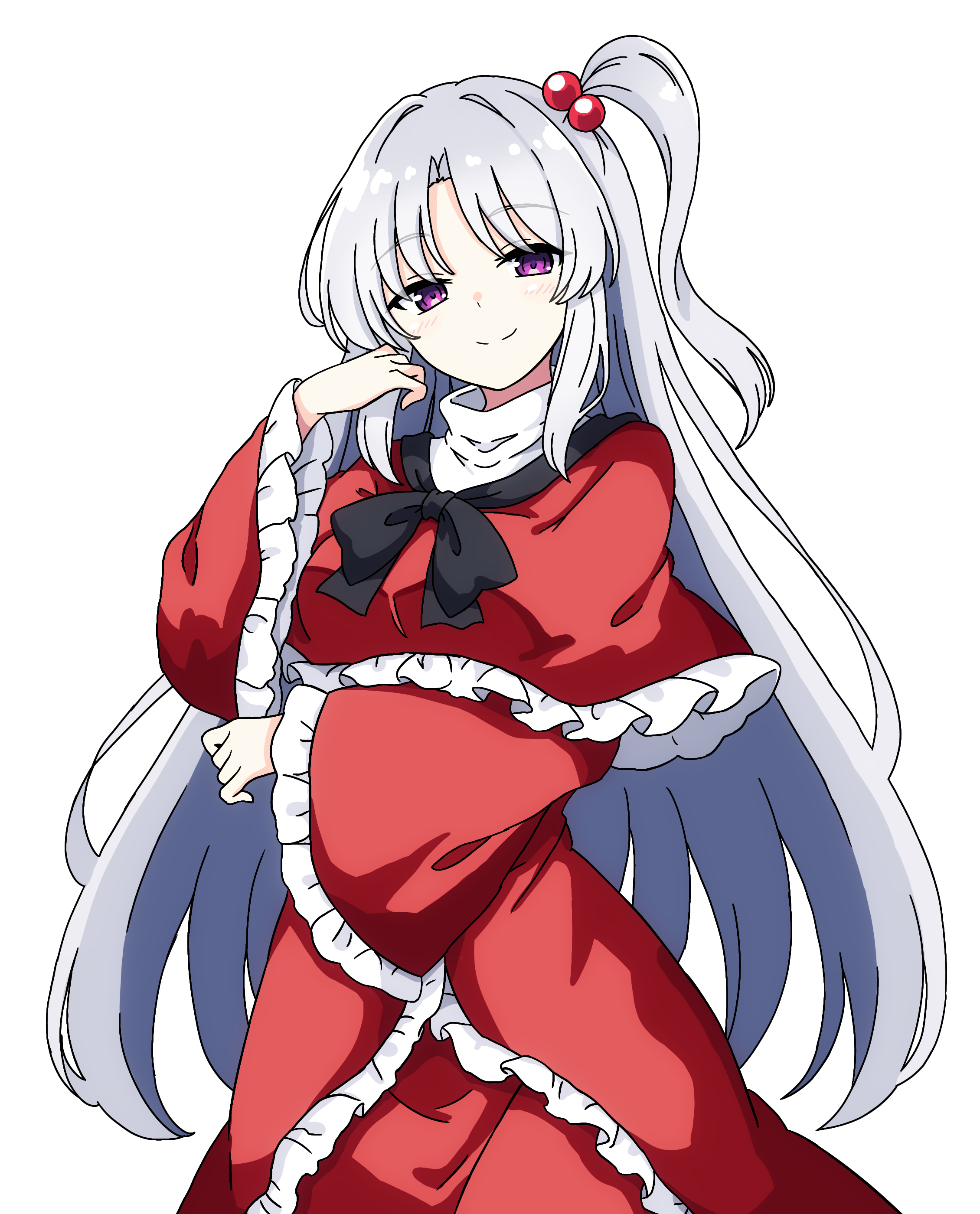 pioartstuff, shinki (touhou), touhou, touhou (pc-98), absurdres, commentary, highres, 1girl, black bow, black bowtie, bow, bowtie, capelet, closed mouth, dress, frilled capelet, frilled sleeves, frills, grey hair, hair bobbles, hair ornament, light blush, long hair, long sleeves, looking at viewer, no wings, one side up, pink eyes, red capelet, red dress, smile, solo, transparent background, very long hair, wide sleeves