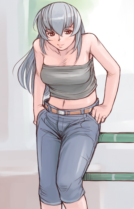 tsuda nanafushi, suigintou, rozen maiden, silver hair, 00s, 1girl, aged up, belt, breasts, casual, denim, female focus, jeans, large breasts, long hair, midriff, pants, solo, strapless, tube top