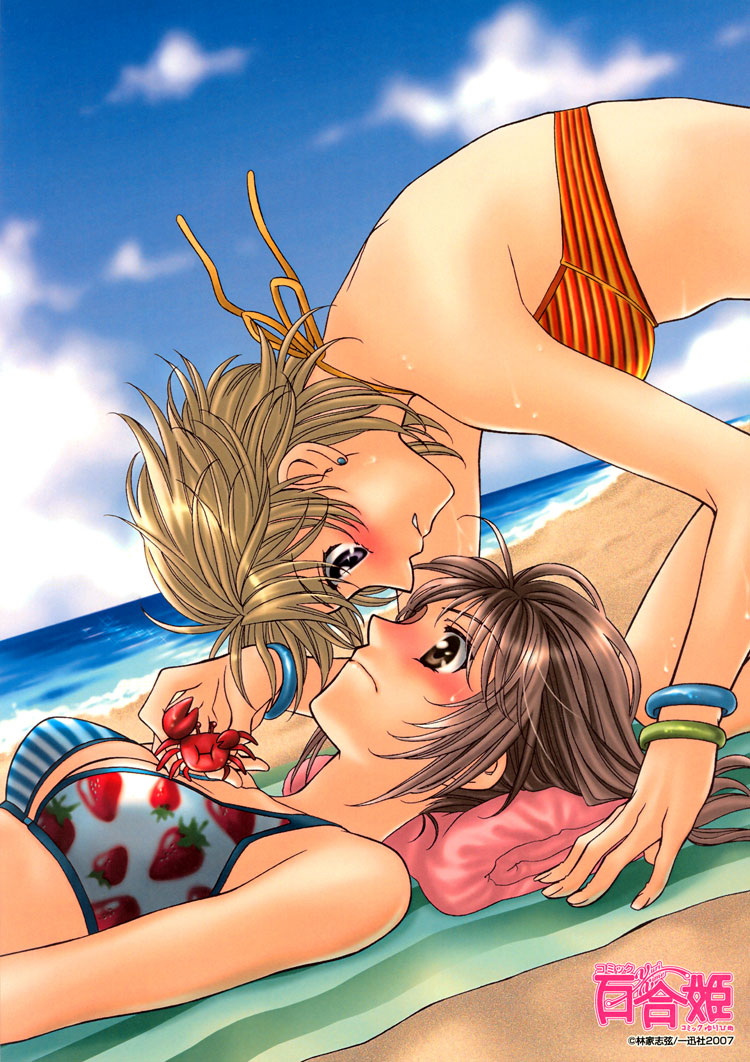 hayashiya shizuru, asakawa ran, tachibana julia, strawberry shake sweet, official art, 2girls, beach, bikini, blonde hair, blush, bracelet, breasts, brown eyes, brown hair, cleavage, closed eyes, cloud, crab, crustacean, day, dutch angle, earrings, eye contact, fingernails, food, fruit, jewelry, looking at another, medium breasts, multiple girls, nail (hardware), outdoors, short hair, sky, strawberry, string bikini, striped bikini, striped clothes, swimsuit, towel, yuri