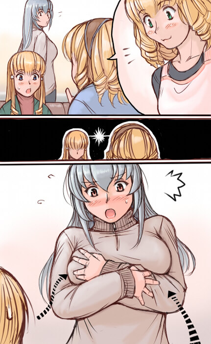 tsuda nanafushi, hinaichigo, shinku, suigintou, rozen maiden, breast hold, silver hair, 00s, 3girls, :3, aged up, blonde hair, blue eyes, blush, breast envy, breasts, covering breasts, covering privates, green eyes, hairband, large breasts, looking at breasts, multiple girls, surprised