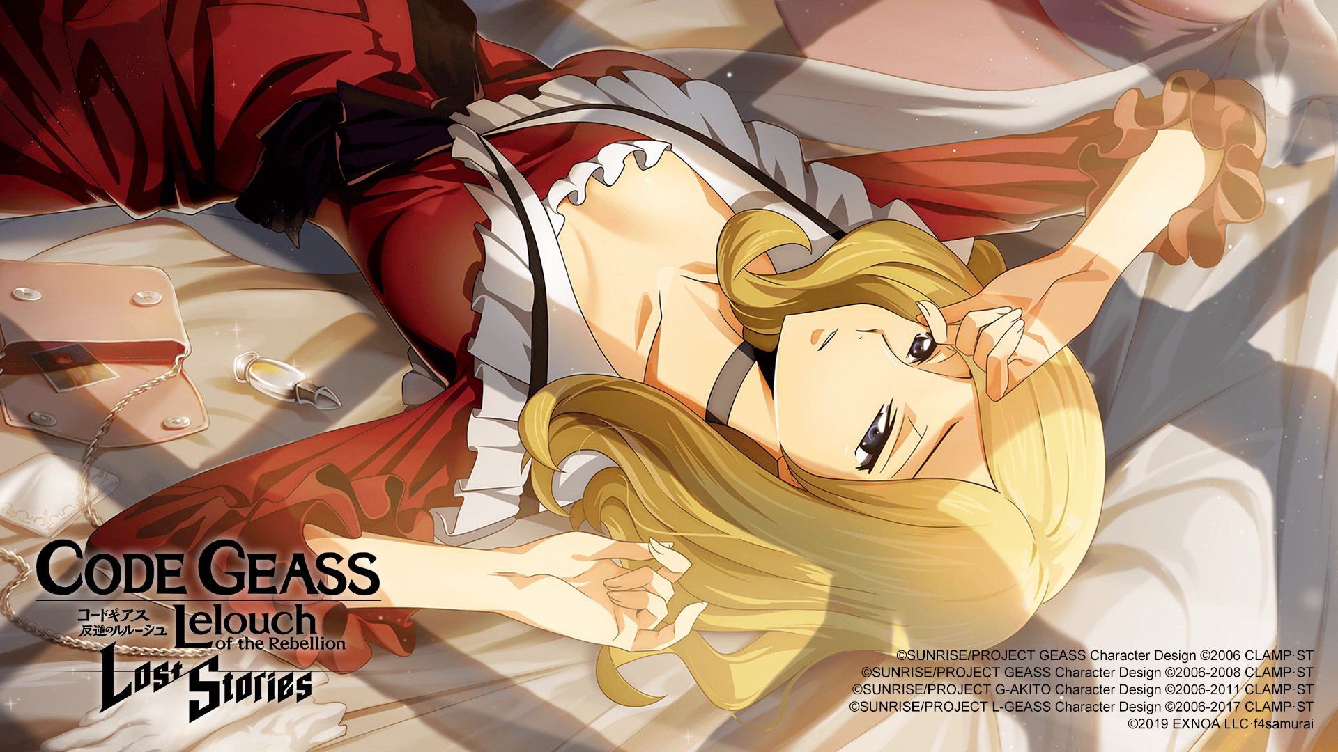 f4samurai, milly ashford, code geass, code geass: lost stories, game cg, highres, official art, 1girl, arm up, bag, black choker, blonde hair, blue eyes, bottle, breasts, choker, collarbone, cosmetics, dress, frilled dress, frills, gloves, half-closed eyes, hand up, handbag, handkerchief, lipstick tube, long sleeves, lying, medium breasts, medium hair, on back, on bed, parted bangs, parted lips, perfume bottle, photo (object), red dress, sidelocks, solo, sunset, unworn gloves, white gloves, window shadow