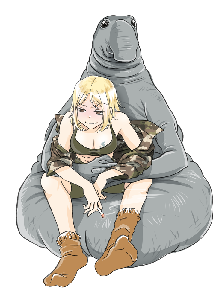 japanon, homunculus loxodontus, marichka, original, shiny eyes, non-web source, 1girl, 1other, bare shoulders, blonde hair, breast tattoo, breasts, brown eyes, brown socks, cigarette, cleavage, embarrassed, full body, green shorts, green tank top, hug, hug from behind, looking at viewer, medium breasts, no shoes, shorts, simple background, sitting, sitting on person, socks, swastika, swastika tattoo, tank top, tattoo, wavy mouth