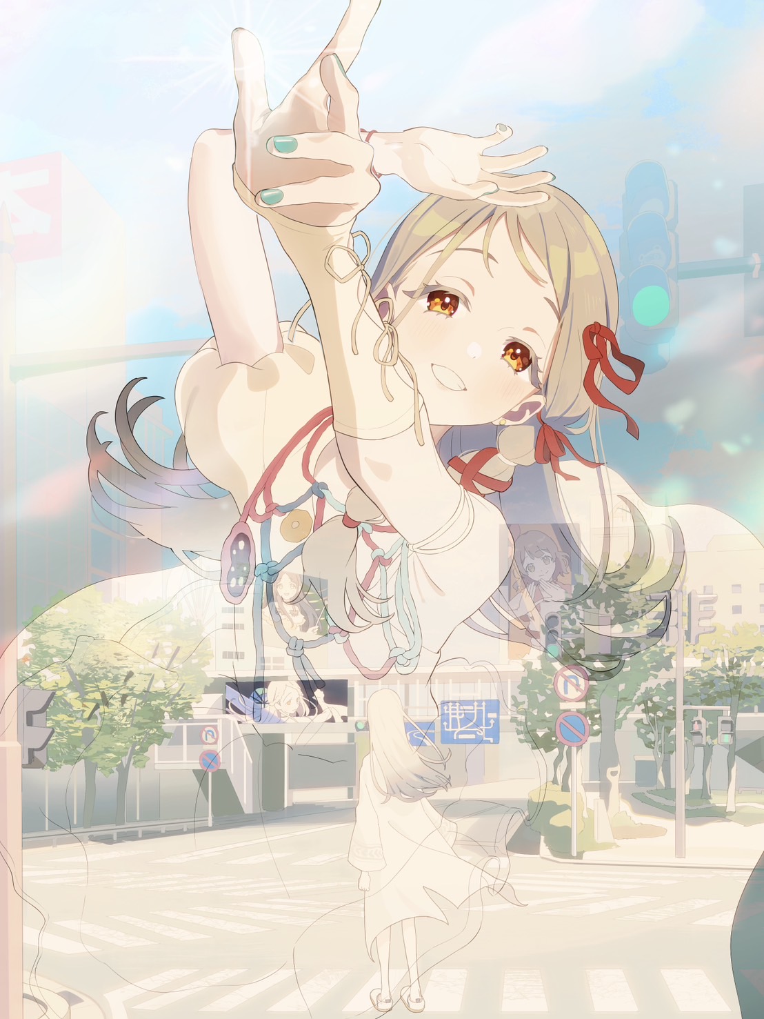 tanupon, hanami ume, kuramoto china, shinosawa hiro, gakuen idolmaster, idolmaster, commentary request, highres, 1girl, arms up, blonde hair, bracelet, braid, brown eyes, brown hair, building, city, colored eyelashes, crosswalk, dress, earrings, fingernails, flipped hair, from behind, gradient hair, green nails, grey hair, grey nails, hair ribbon, intersection, jewelry, light blush, long hair, looking ahead, looking at viewer, multicolored hair, multiple bracelets, multiple views, nail polish, open mouth, orange eyes, outdoors, own hands together, pedestrian lights, projected inset, puffy short sleeves, puffy sleeves, reaching, red ribbon, ribbon, ribbon braid, road, road sign, robe, screen, shoes, short hair, short sleeves, side braid, sidewalk, sign, single-shoulder dress, single bare shoulder, smile, standing, stop sign, street, stud earrings, sunfaded (idolmaster), traffic light, tree, triangle hands, urban, white dress, white robe, white shoes, wide shot