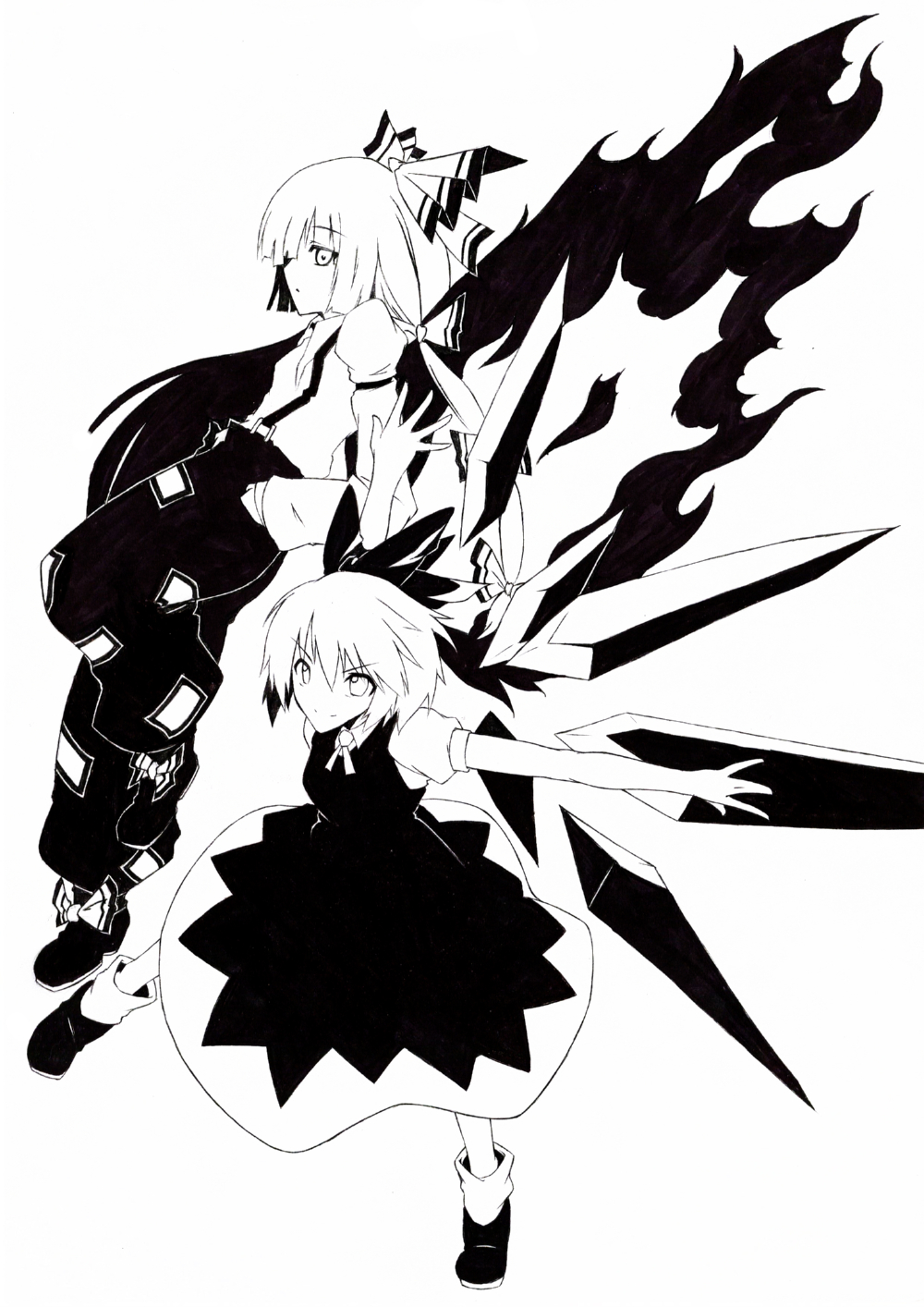 kaden, varu (forscryd), cirno, fujiwara no mokou, touhou, highres, millipen (medium), pen (medium), traditional media, 2girls, bow, fiery wings, fire, greyscale, hair bow, long hair, monochrome, multiple girls, suspenders, wings