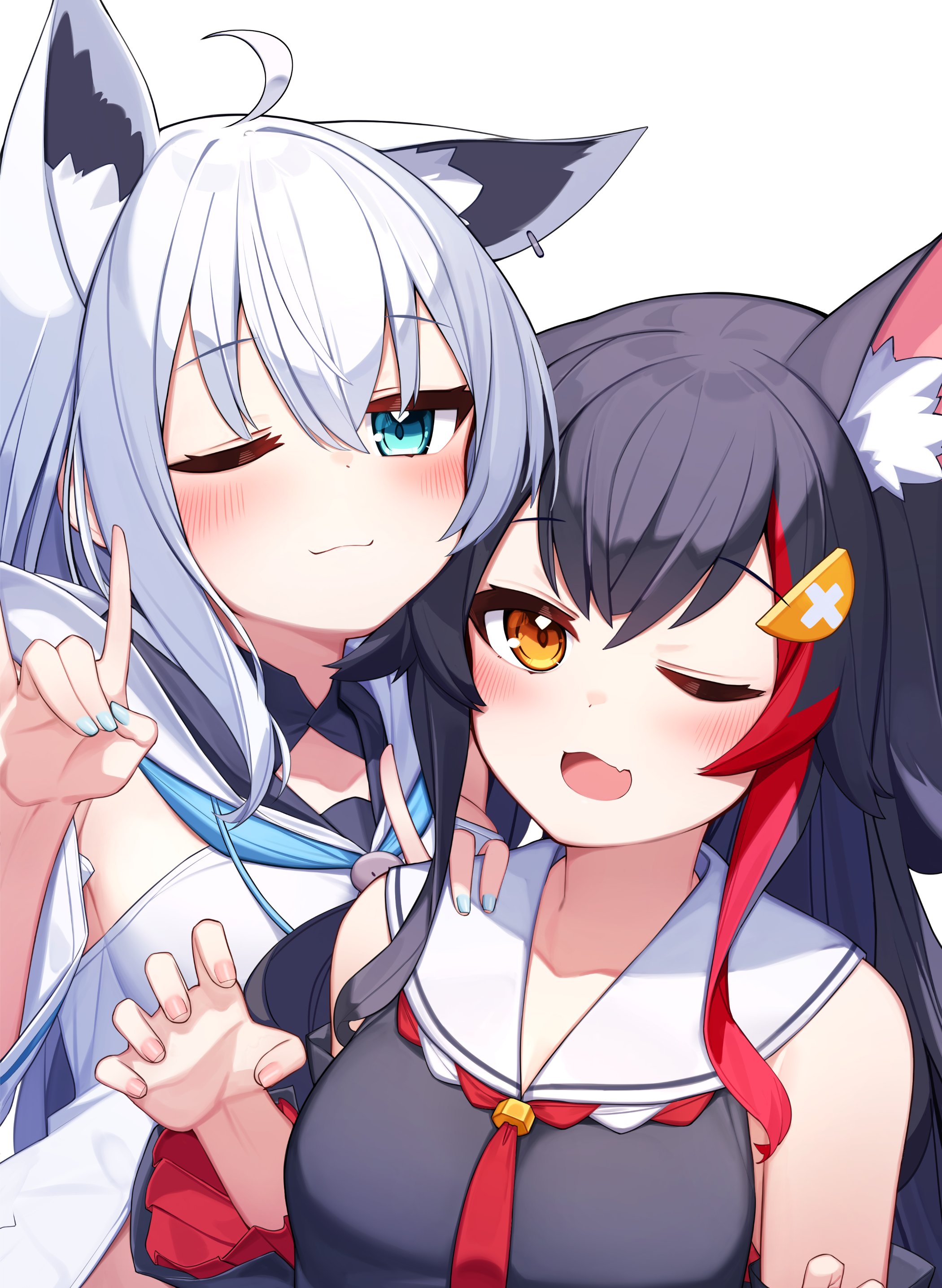 deaver, ookami mio, ookami mio (1st costume), shirakami fubuki, shirakami fubuki (1st costume), hololive, absurdres, commentary request, highres, variant set, 2girls, ;3, ahoge, animal ear fluff, animal ear piercing, animal ears, aqua eyes, aqua nails, black hair, claw pose, fox ears, fox girl, fox shadow puppet, hair ornament, long hair, looking at viewer, multicolored hair, multiple girls, one eye closed, red hair, school uniform, streaked hair, virtual youtuber, white hair, wolf ears, wolf girl, yellow eyes