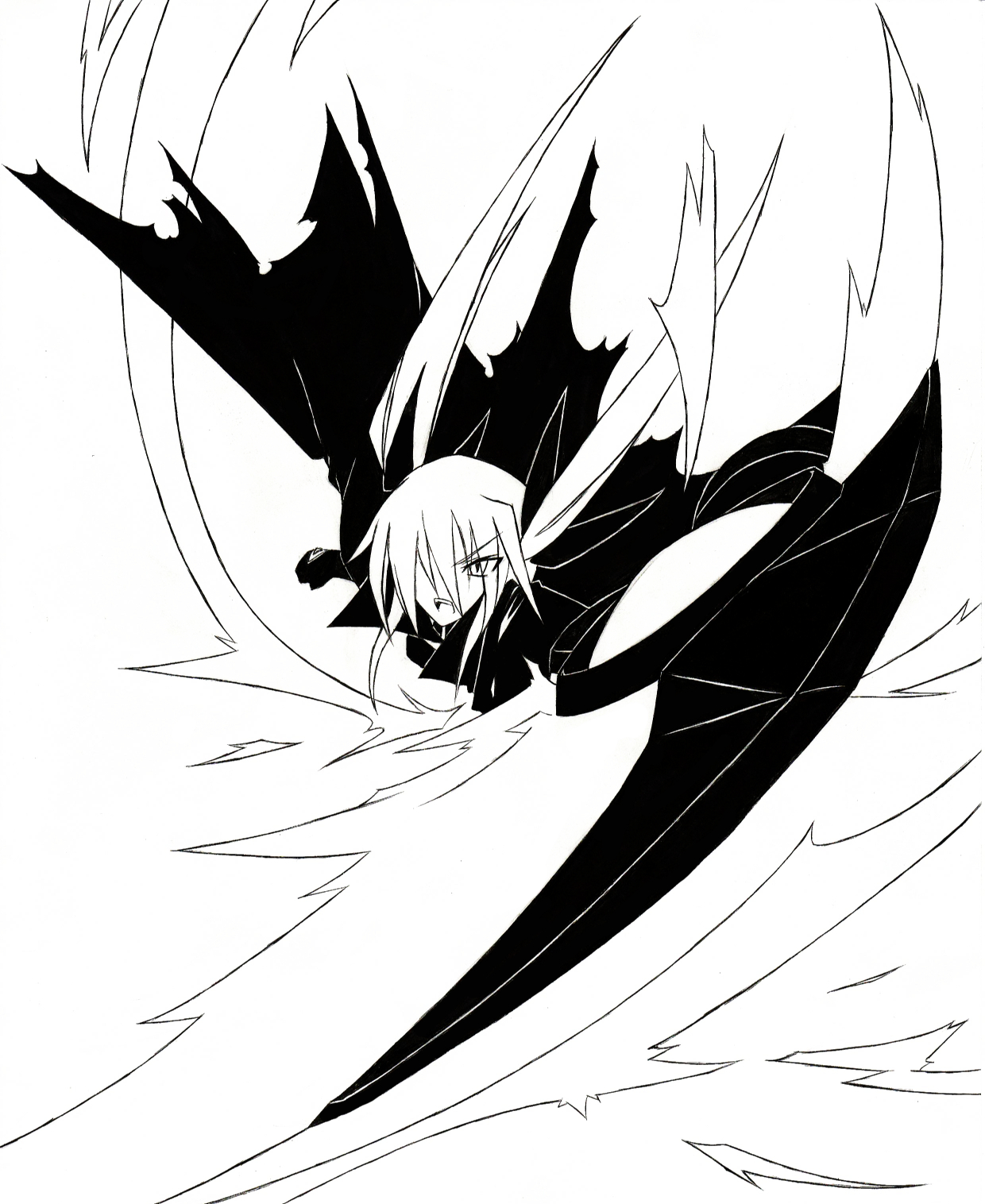 kaden, varu (forscryd), fate testarossa, lyrical nanoha, mahou shoujo lyrical nanoha, highres, marker (medium), millipen (medium), pen (medium), traditional media, 00s, cape, foreshortening, greyscale, long hair, monochrome, scythe, solo, twintails