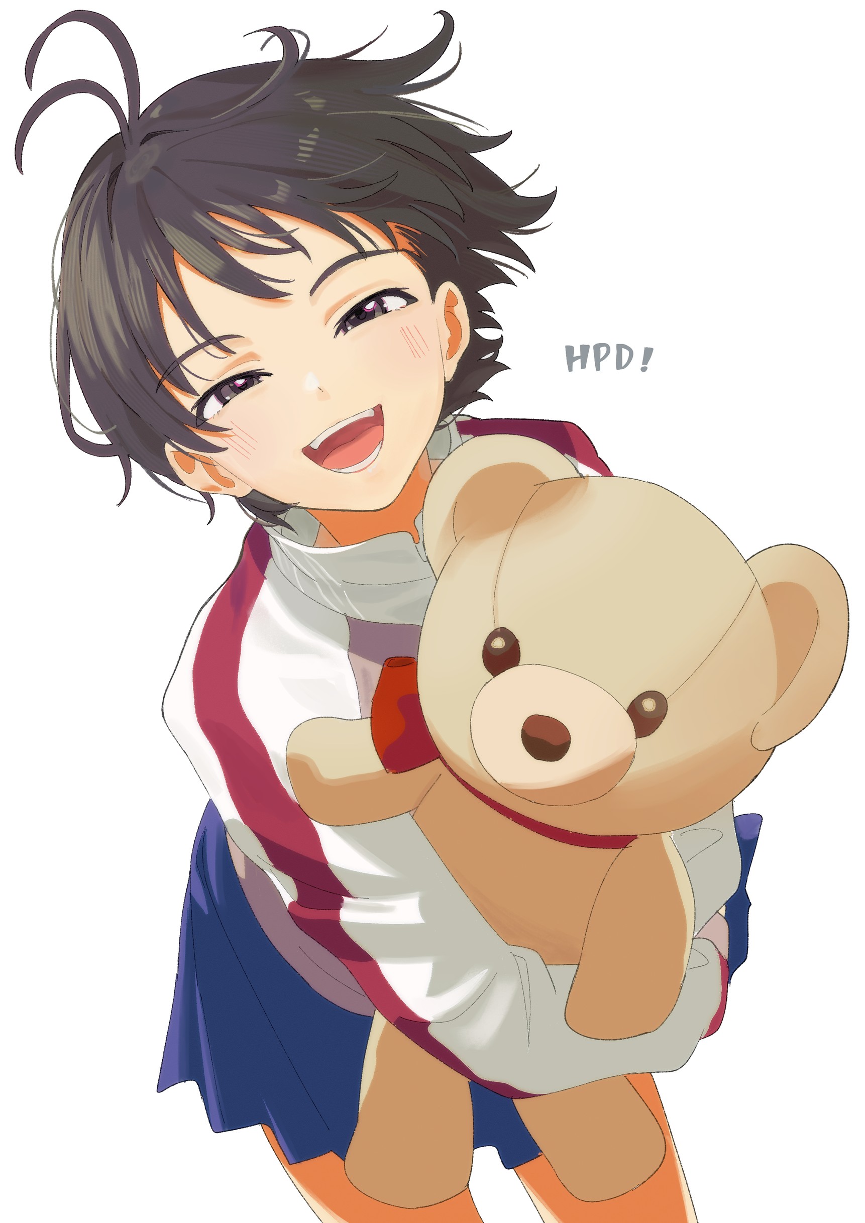 tanupon, kikuchi makoto, idolmaster, idolmaster (classic), idolmaster 1, absurdres, highres, 1girl, antenna hair, black eyes, black hair, blush, cowboy shot, half-closed eyes, happy birthday, holding, holding stuffed toy, leaning forward, long sleeves, looking at viewer, open mouth, raglan sleeves, short hair, simple background, skirt, smile, solo, standing, stuffed animal, stuffed toy, teddy bear, white background