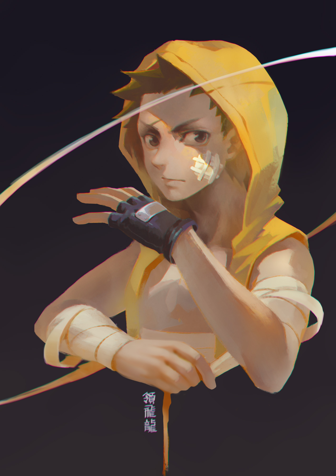 ryou hiryuu, original, 1boy, bandage on face, bandaged arm, bandages, fingerless gloves, gloves, hood, hood up, hoodie, male focus, short hair, signature, solo, yellow hoodie