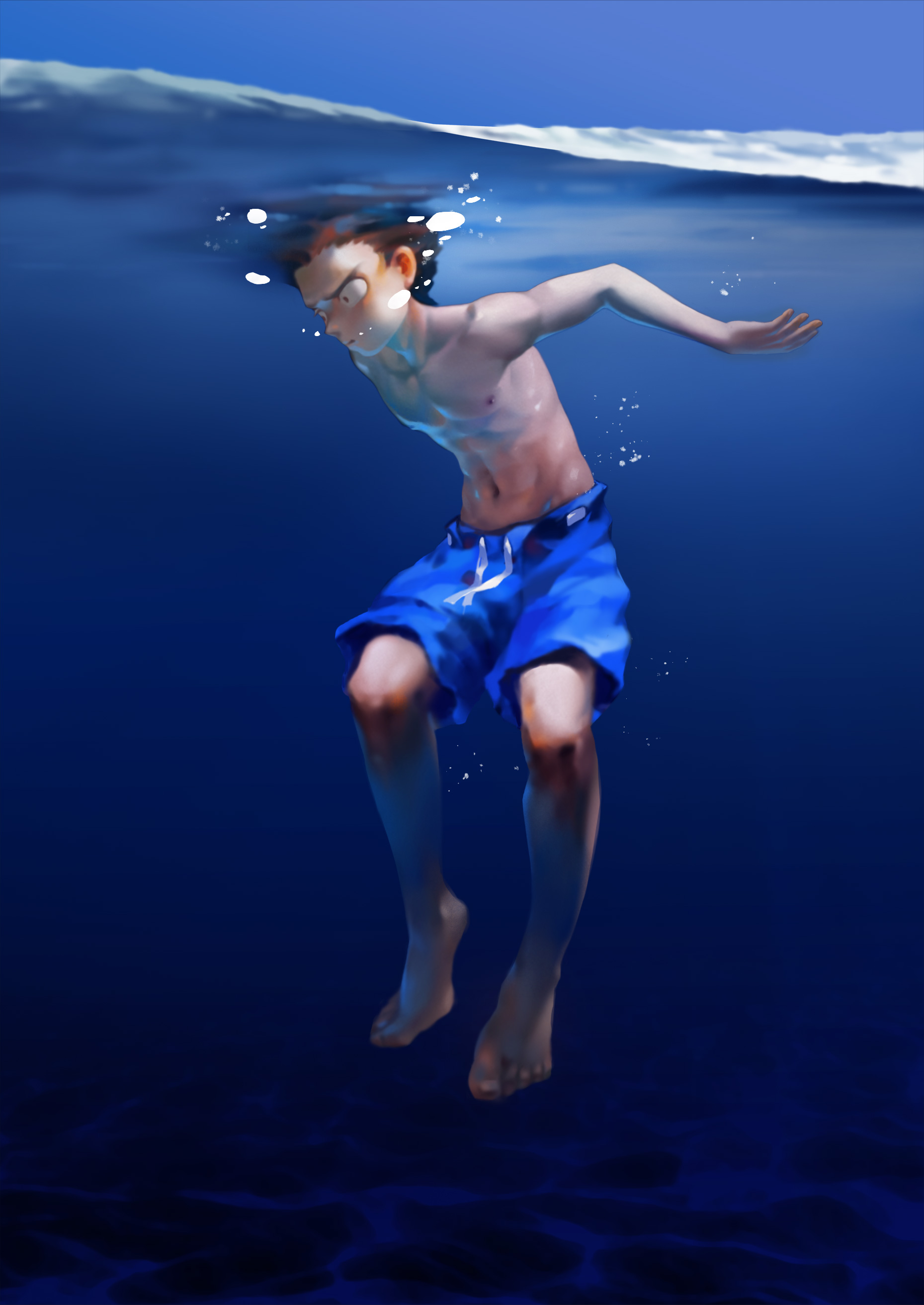 ryou hiryuu, original, 1boy, abs, blue sky, male focus, male swimwear, nipples, short hair, sky, solo, swim trunks, swimming, toned, toned male, topless male, underwater
