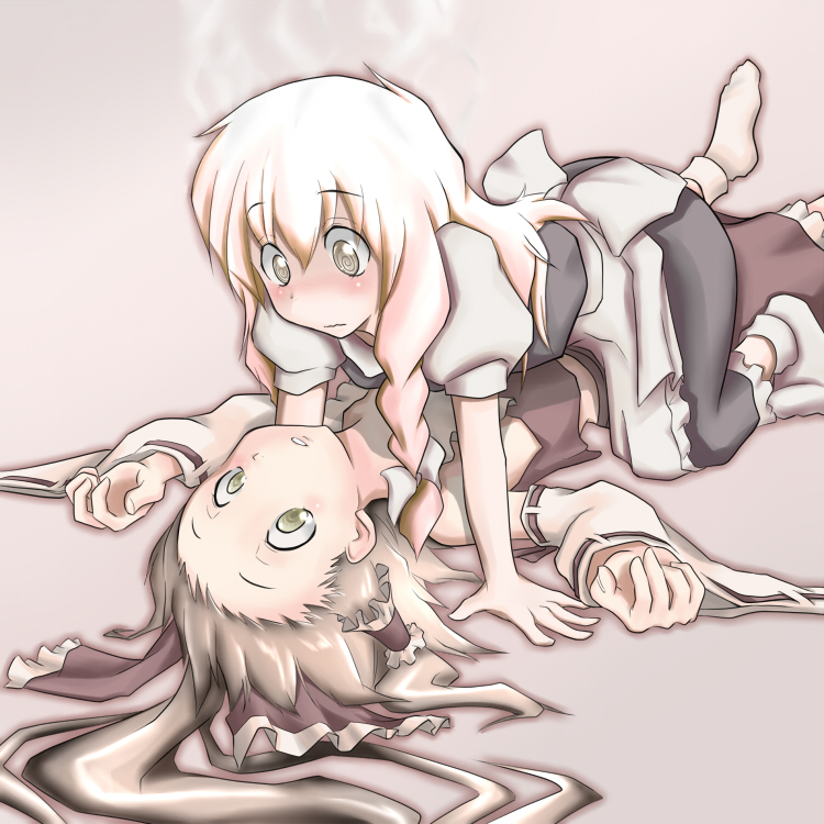 ao usagi, hakurei reimu, kirisame marisa, touhou, 2girls, @ @, blonde hair, blouse, blush, braid, brown hair, detached sleeves, female focus, girl on top, green eyes, hair ribbon, japanese clothes, lying, miko, multiple girls, open mouth, ribbon, shirt, skirt, socks, steam, yellow eyes, yuri