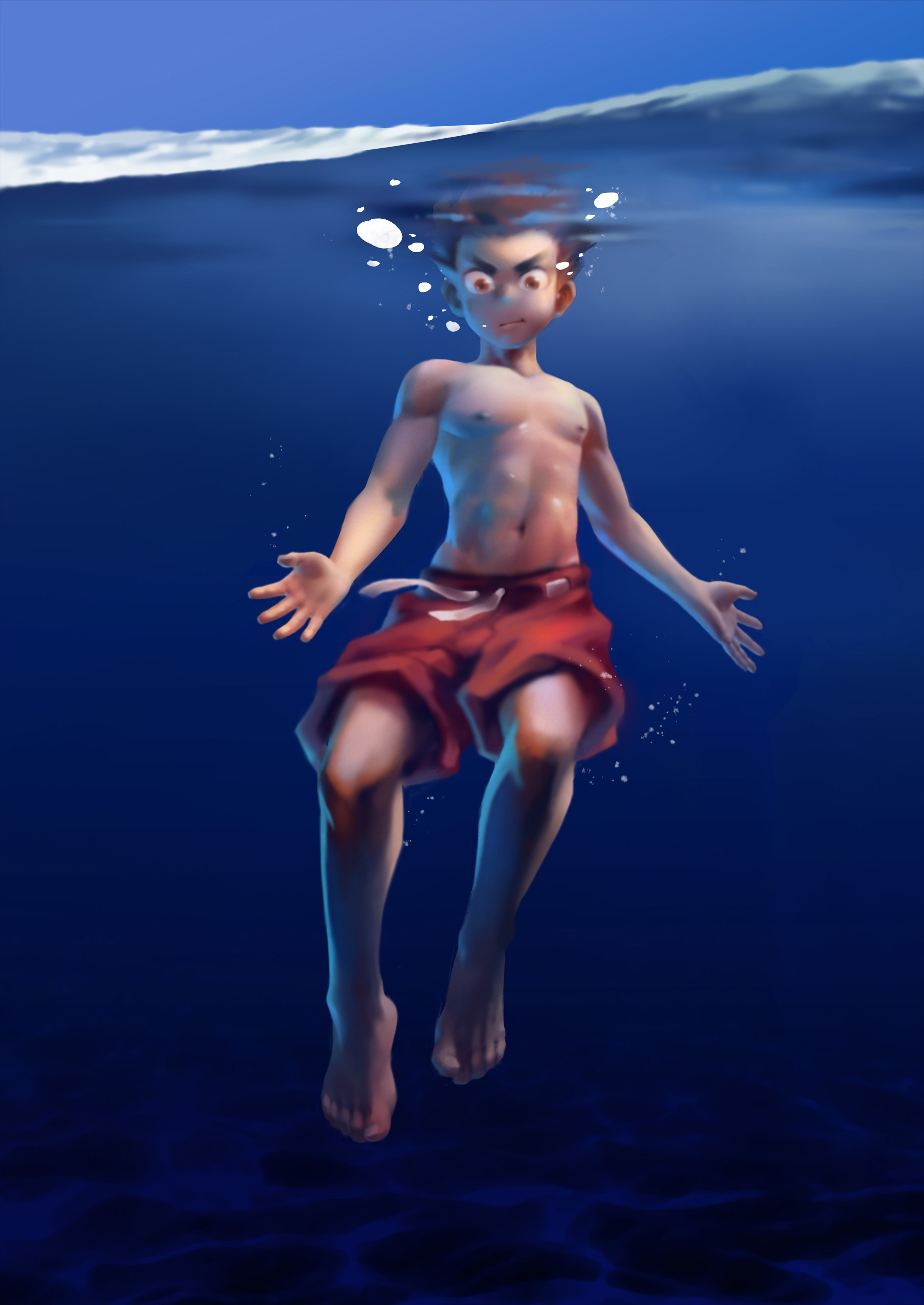 ryou hiryuu, original, 1boy, barefoot, blue sky, bubble, holding breath, male focus, male swimwear, nipples, short hair, sky, solo, swim trunks, swimming, topless male, underwater