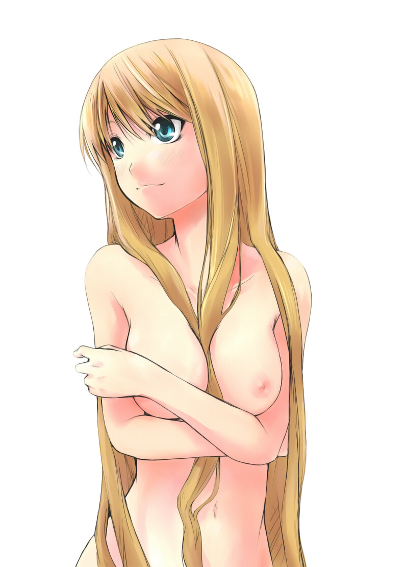 wander (artist), wander (cordabyss), original, breast hold, bad id, bad pixiv id, 1girl, aqua eyes, between breasts, blonde hair, blue eyes, breasts, covering breasts, covering privates, female focus, long hair, navel, nipples, nude, nude cover, solo, very long hair