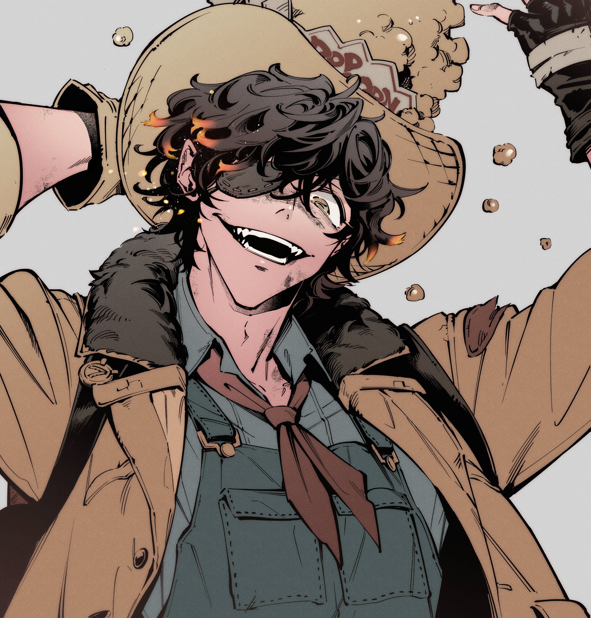 yousuke (yosk), florian brand, florian brand ("puffing"), identity v, highres, 1boy, aqua overalls, blue shirt, brown hair, colored tips, curly hair, downturned eyes, eyepatch, fangs, fingerless gloves, food, fur-trimmed jacket, fur trim, gloves, hat, head tilt, jacket, looking at viewer, male focus, multicolored hair, neckerchief, official alternate costume, overalls, popcorn, portrait, red neckerchief, shirt, symbol-shaped pupils, yellow hat, yellow jacket