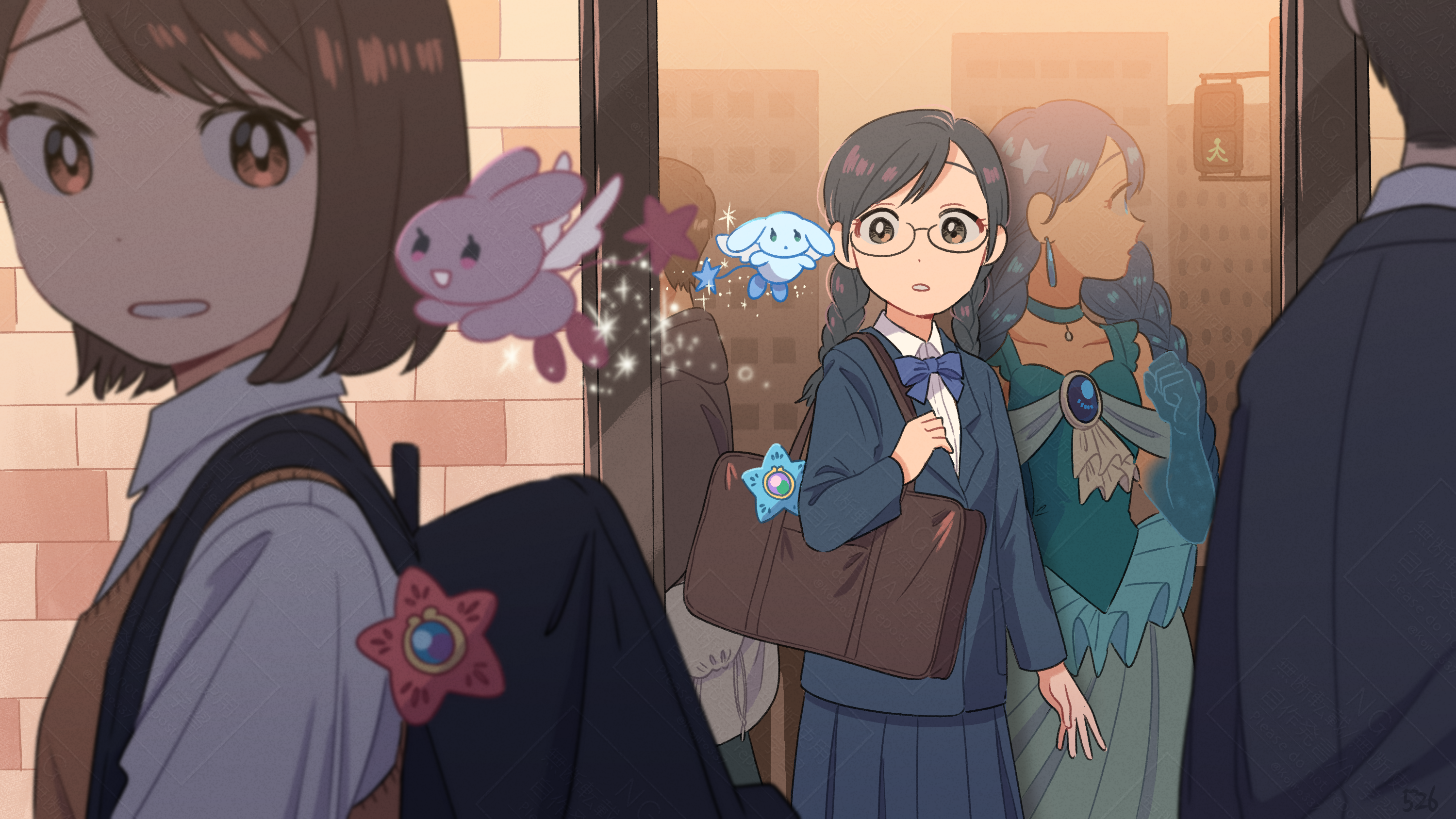 kojiro337, original, highres, backpack, bag, black hair, blazer, bow, bowtie, braid, brown eyes, brown hair, brown sweater vest, creature, day, grey jacket, grey skirt, jacket, long hair, magical girl, outdoors, pleated skirt, school bag, school uniform, shirt, short hair, shoulder bag, skirt, standing, sweater vest, twin braids, upper body, watermark, white shirt