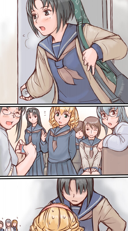 tsuda nanafushi, hinaichigo, kakizaki megu, kashiwaba tomoe, kusabue mitsu, souseiseki, suigintou, suiseiseki, rozen maiden, 00s, 6+girls, aged up, black eyes, black hair, blonde hair, blue sailor collar, brown eyes, brown hair, freckles, glasses, green eyes, hairband, long hair, mole, mole under eye, multiple girls, one eye closed, ringlets, sailor collar, school uniform, serafuku, short hair, siblings, sisters, twins, weapon bag, wink