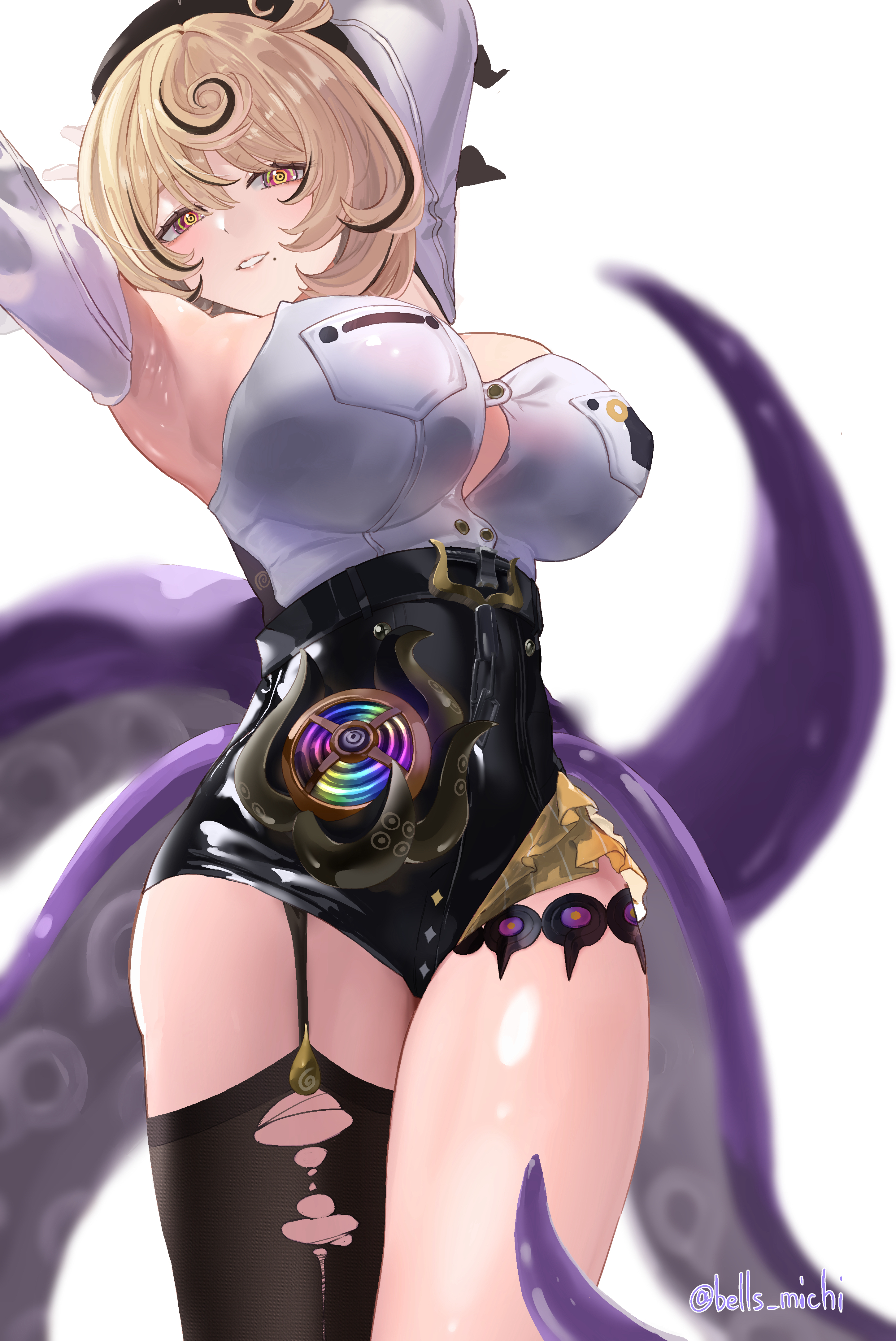 michikusa (bells michi), yidhari murphy, zenless zone zero, absurdres, commentary request, highres, 1girl, armpits, arms up, asymmetrical shorts, bare shoulders, beret, black hat, black shorts, black thighhighs, blonde hair, blurry, blurry background, breasts, button gap, cowboy shot, cowlick, detached sleeves, garter straps, hair between eyes, hat, high-waist shorts, large breasts, looking at viewer, mole, mole under mouth, parted lips, purple eyes, shirt, shirt tucked in, short hair, shorts, simple background, single garter strap, single thighhigh, solo, suction cups, tentacle girl, tentacle tail, tentacles, thighhighs, torn clothes, torn thighhighs, twitter username, white background, white shirt, white sleeves