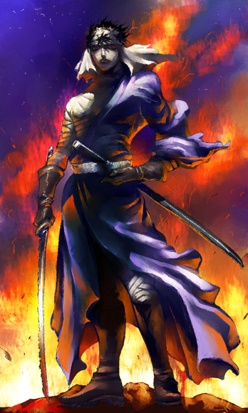 homex, shishio makoto, rurouni kenshin, md5 mismatch, 1boy, bandages, fire, gloves, male focus, manly, red eyes, solo, sword, weapon