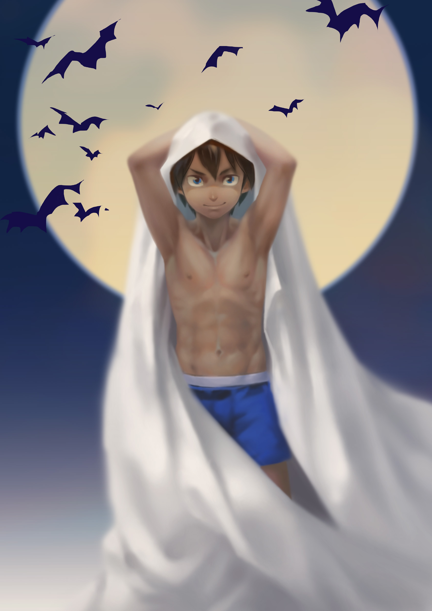ryou hiryuu, original, 1boy, armpits, arms up, bat (animal), blue eyes, blue shorts, male focus, moon, nipples, short hair, shorts, smile, solo, toned, toned male, topless male