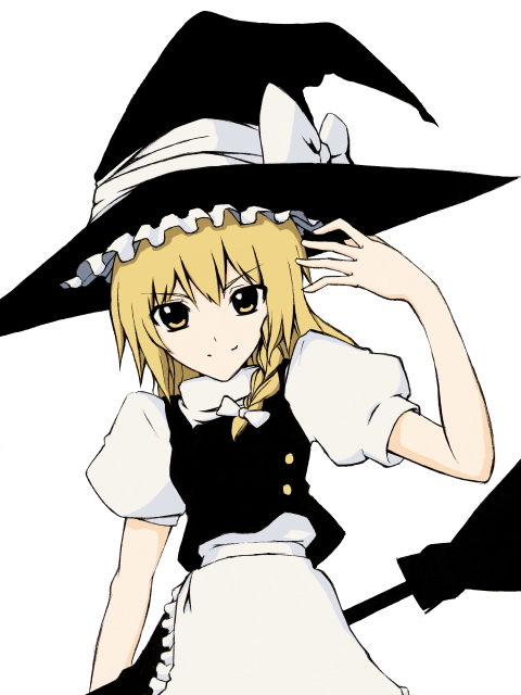 kaden, varu (forscryd), kirisame marisa, touhou, 1girl, blonde hair, bow, braid, broom, female focus, hair bow, hat, simple background, skirt, solo, white background, witch, witch hat, yellow eyes