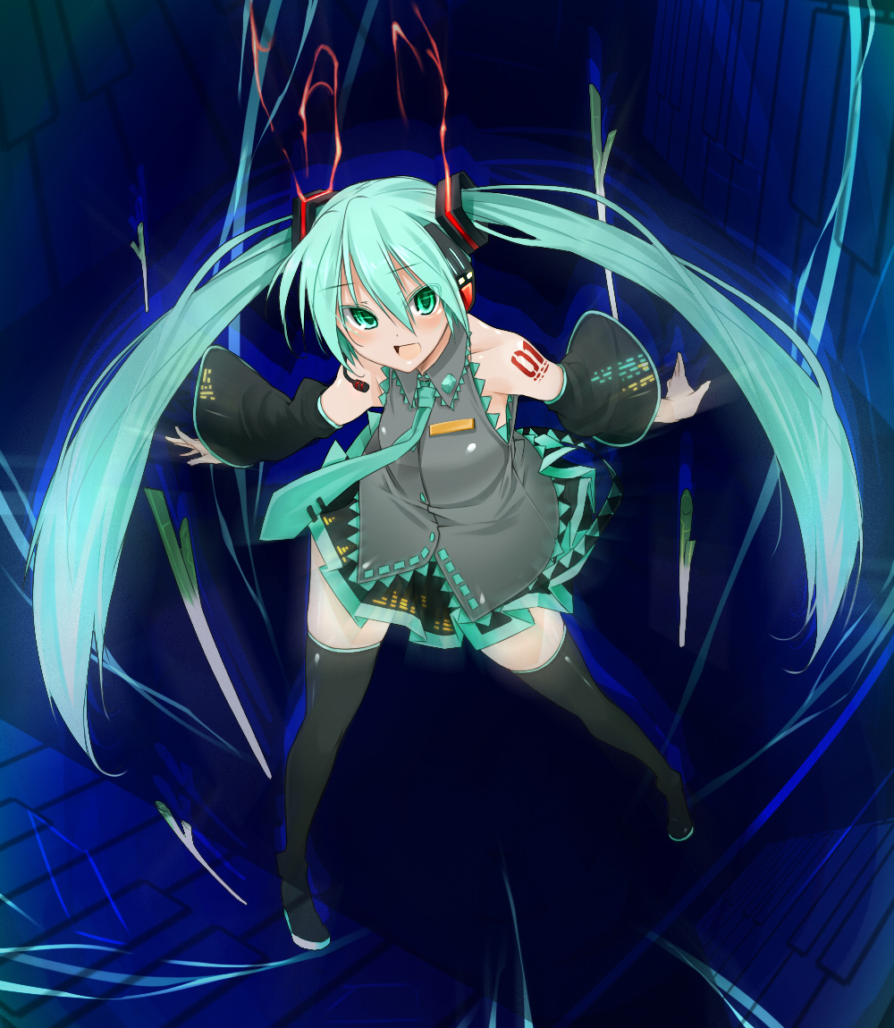 aka ume, hatsune miku, vocaloid, 1girl, aqua eyes, aqua hair, colored eyelashes, detached sleeves, eyelashes, female focus, green eyes, headphones, headset, long hair, necktie, skirt, smile, solo, spring onion, thighhighs, twintails, zettai ryouiki