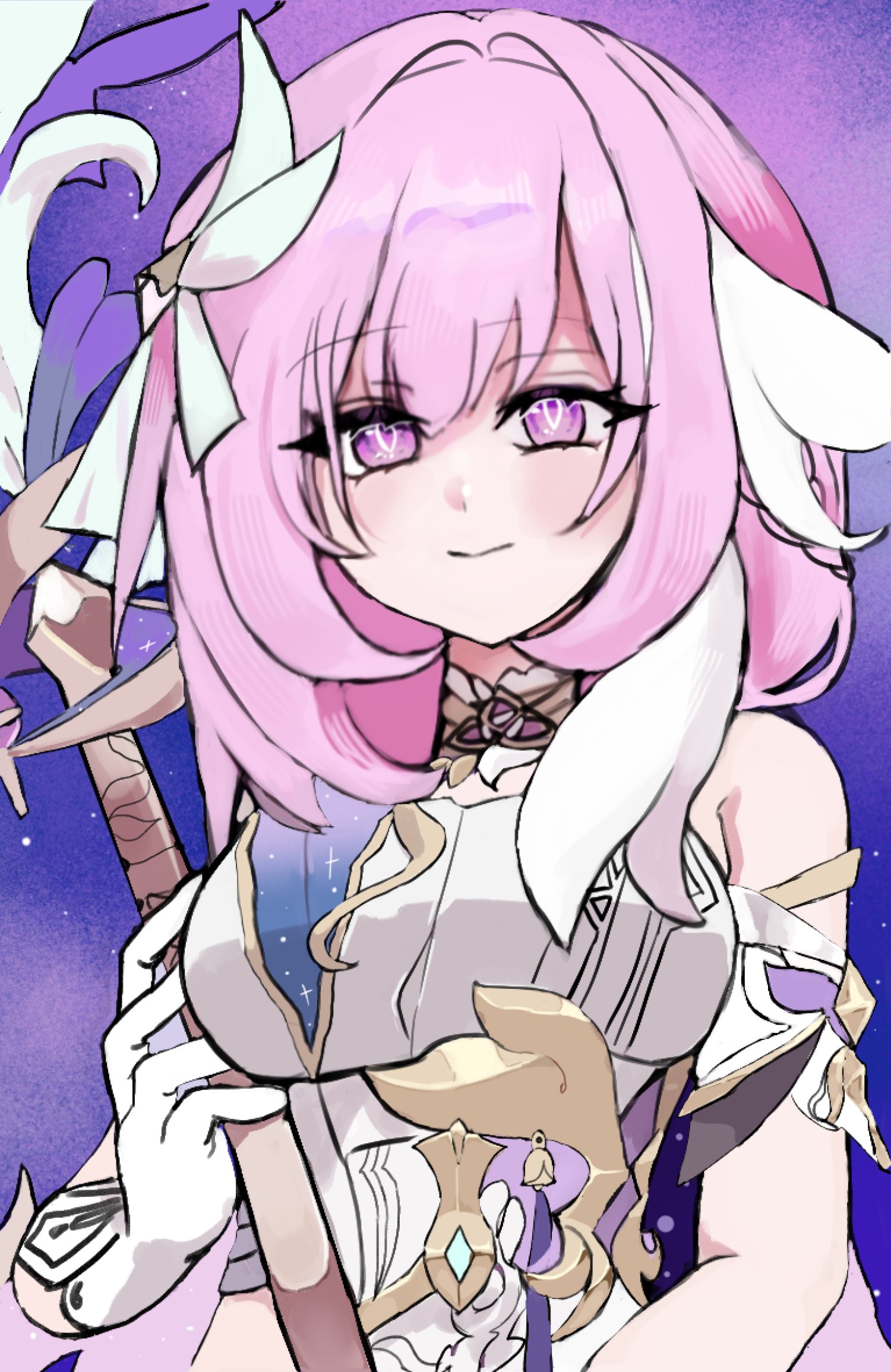 elysia (herrscher of human: ego) (honkai impact), elysia (honkai impact), honkai (series), honkai impact 3rd, hashtag-only commentary, highres, 1girl, bare shoulders, breasts, corset, gloves, hiyoko 76, holding, holding staff, large breasts, multicolored hair, pink hair, purple eyes, purple sky, shirt, short hair, sky, smile, solo, staff, triquetra, two-tone hair, white corset, white gloves, white hair, white shirt
