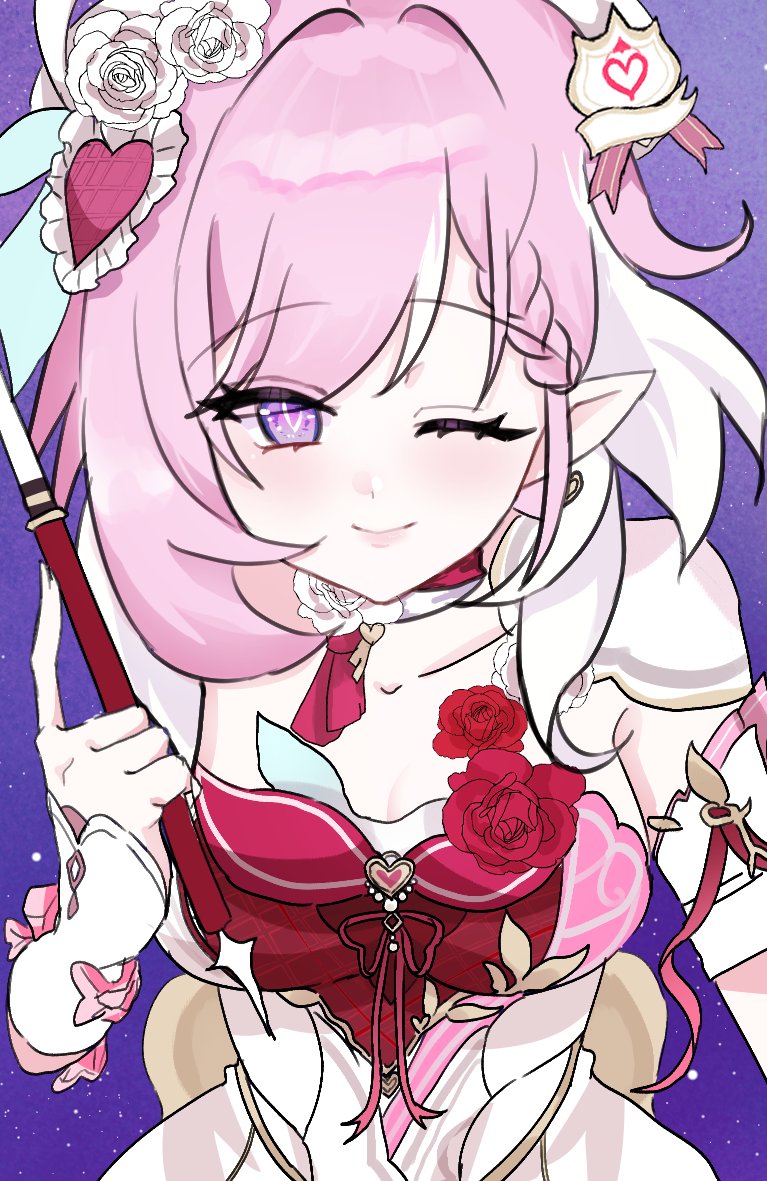 elysia (hi love elf) (honkai impact), elysia (honkai impact), honkai (series), honkai impact 3rd, hashtag-only commentary, 1girl, breasts, cleavage, diamond-shaped pupils, diamond (shape), dress, elf, hiyoko 76, holding ribbon baton, large breasts, long hair, looking at viewer, multicolored hair, pink hair, pointy ears, purple eyes, purple sky, red dress, sky, solo, symbol-shaped pupils, two-tone hair, very long hair, white hair