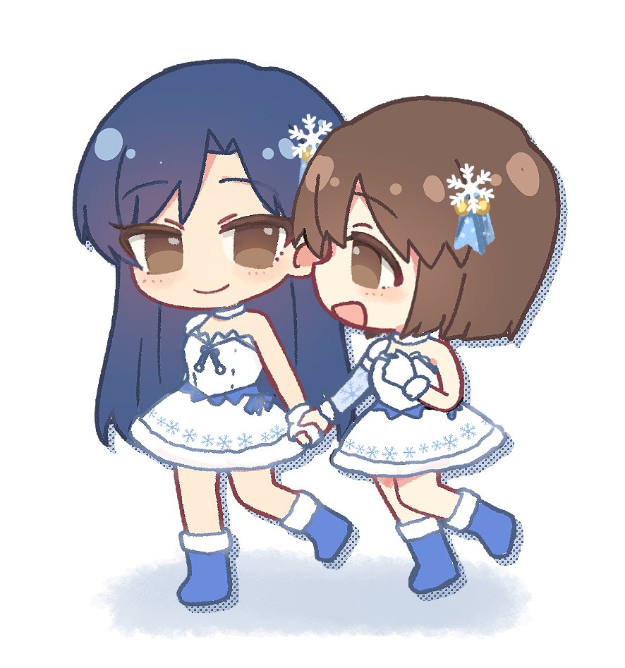 chiwawa174, hagiwara yukiho, kisaragi chihaya, idolmaster, idolmaster (classic), 2girls, blue boots, blue hair, boots, brown eyes, brown hair, chibi, closed mouth, dress, full body, gloves, hair ornament, holding hands, long hair, looking at another, multiple girls, official alternate costume, open mouth, short hair, single glove, smile, snowflake hair ornament, snowflake liliput (idolmaster), standing, strapless, strapless dress, walking, white dress, white gloves