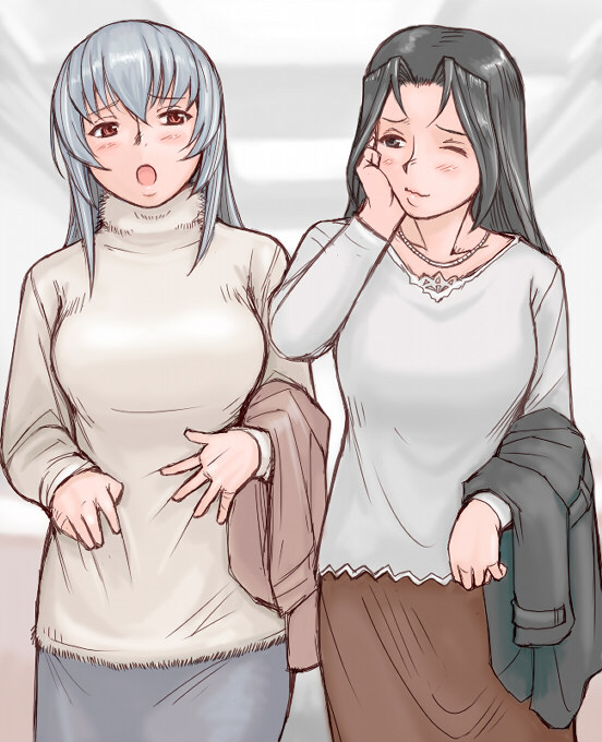 tsuda nanafushi, kakizaki megu, suigintou, rozen maiden, silver hair, 00s, 2girls, aged up, black eyes, black hair, breasts, casual, jewelry, large breasts, multiple girls, necklace, one eye closed, wink