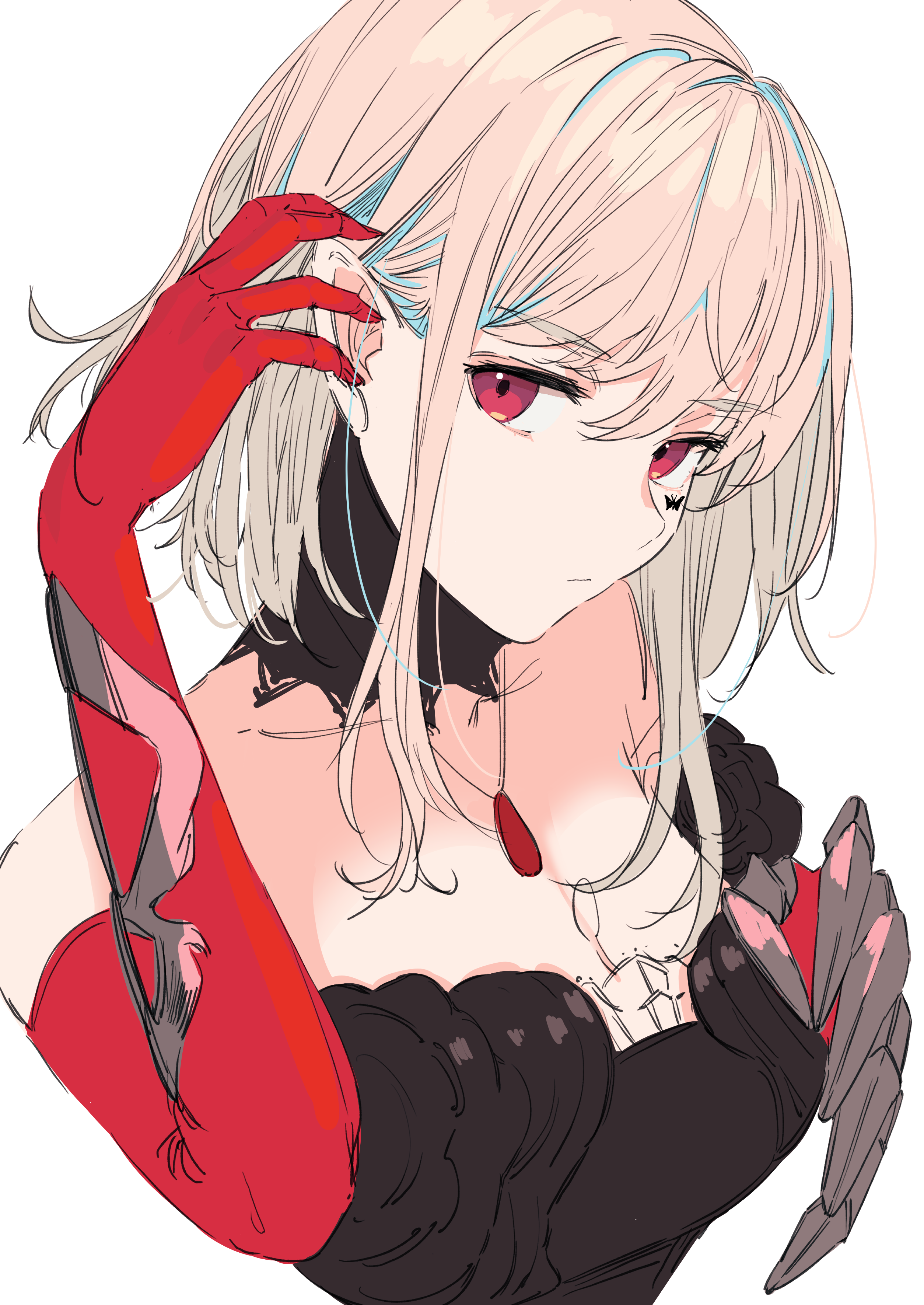 ogura tubuan, elu (10th costume) (nijisanji), elu (nijisanji), nijisanji, absurdres, highres, 1girl, bare shoulders, black dress, breasts, brown hair, butterfly facial mark, cleavage, cropped torso, detached collar, dress, elbow gloves, gloves, hair behind ear, jewelry, long pointy ears, looking at viewer, mark under eye, medium breasts, necklace, official alternate costume, pointy ears, red eyes, red gloves, short hair, simple background, solo, strapless, strapless dress, tucking hair, upper body, virtual youtuber, white background