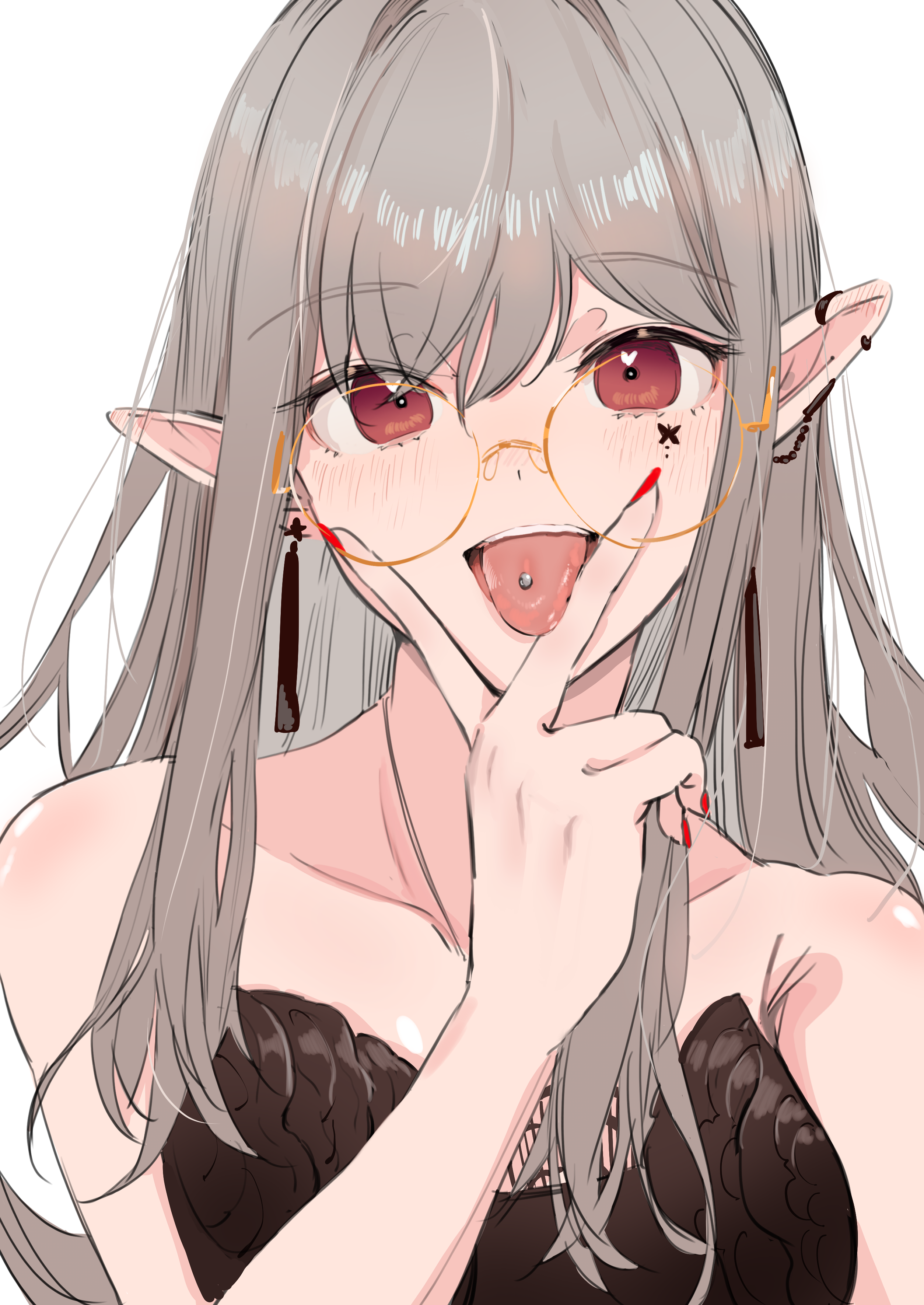 ogura tubuan, elu (10th costume) (nijisanji), elu (nijisanji), nijisanji, absurdres, commentary request, highres, 1girl, black dress, butterfly facial mark, dress, ear chain, earclip, heart, heart in eye, linked piercing, long hair, long pointy ears, mark under eye, no gloves, no headwear, official alternate costume, open mouth, piercing, pointy ears, red eyes, simple background, solo, straight hair, strapless, strapless dress, symbol in eye, tongue, tongue out, tongue piercing, upper body, v, v over mouth, virtual youtuber, white background