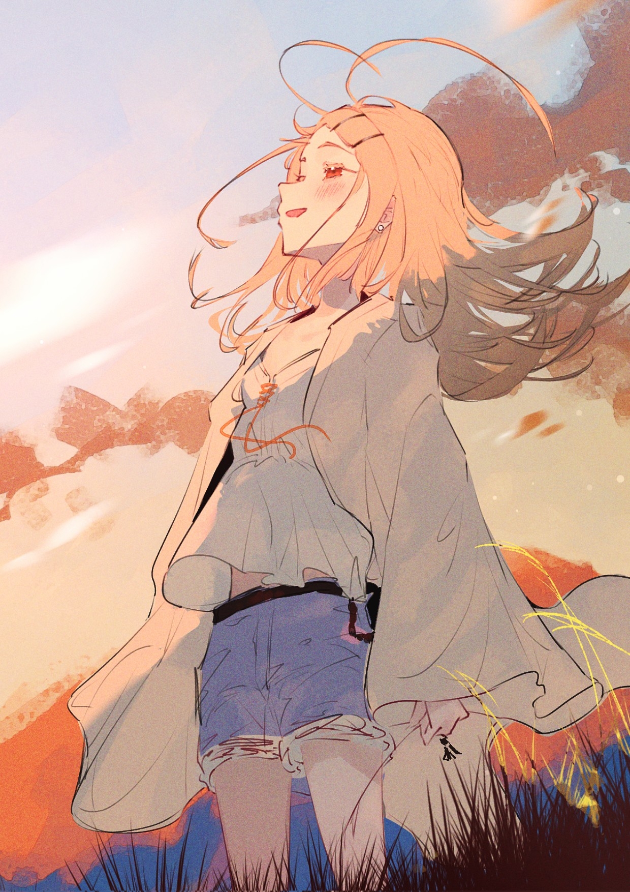 dnamaguro, shinosawa hiro, gakuen idolmaster, idolmaster, commentary, highres, 1girl, belt, black belt, blonde hair, blush, camisole, cloud, cowboy shot, denim, denim shorts, earrings, evening, flat chest, flipped hair, floating hair, gradient hair, grey hair, hair ornament, hairclip, jewelry, long hair, looking up, midriff peek, multicolored hair, open mouth, orange eyes, orange ribbon, orange sky, outdoors, parallel hairclips, ribbon, robe, shorts, sky, solo, standing, stud earrings, sunset, white camisole, white robe, wide sleeves, wind