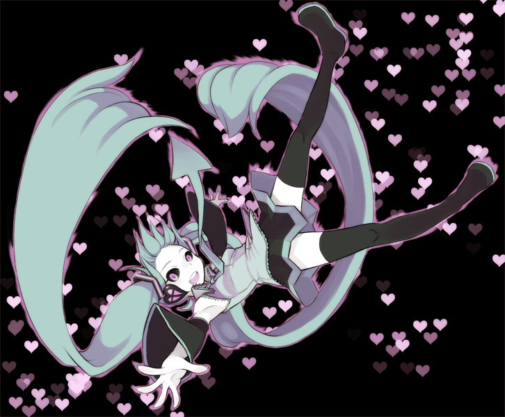 emdo (norabbit), hatsune miku, love love nightmare (vocaloid), vocaloid, bad id, bad pixiv id, 1girl, blue hair, detached sleeves, falling, female focus, heart, long hair, necktie, pink eyes, skirt, solo, thighhighs, twintails, zettai ryouiki