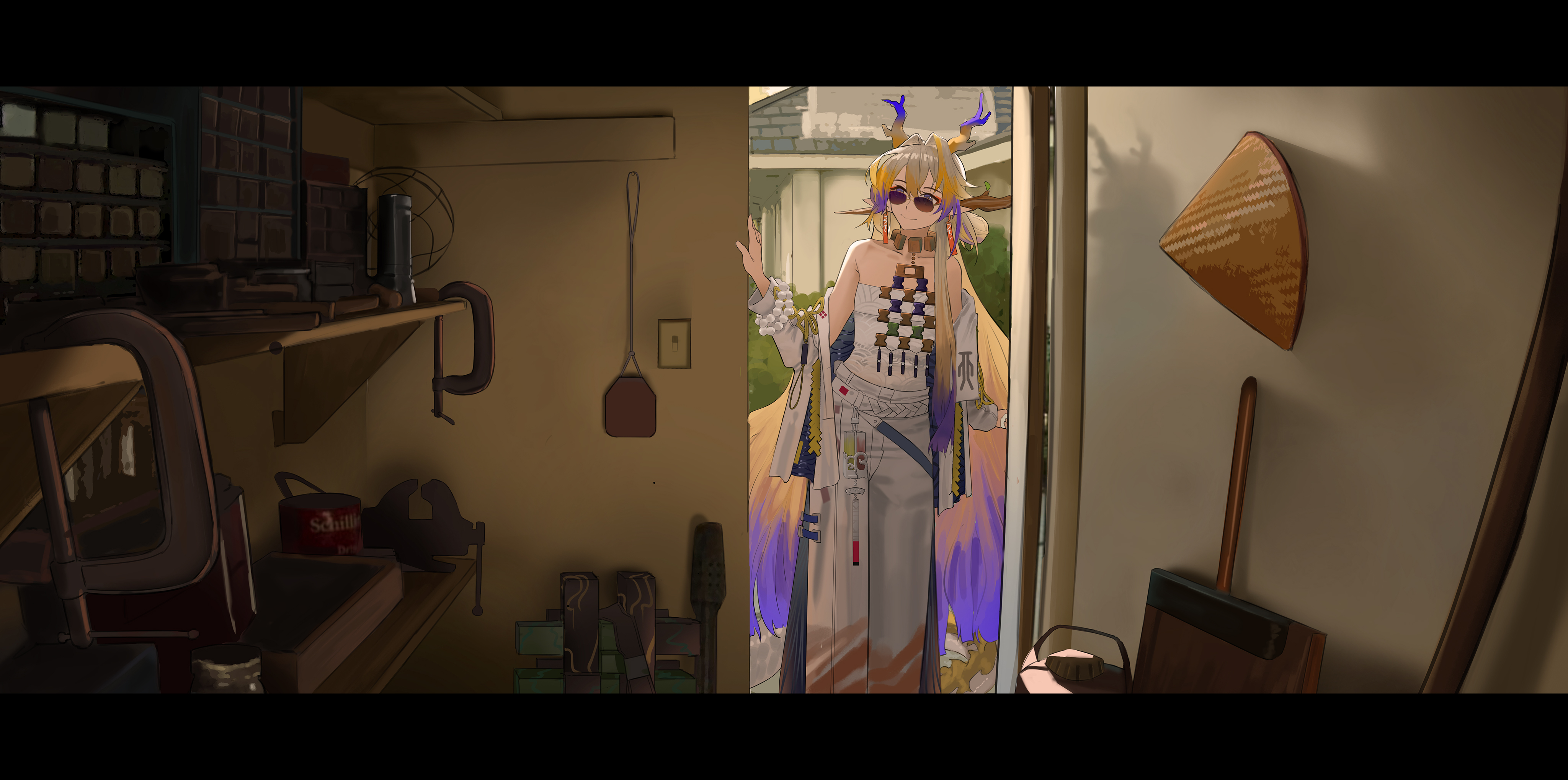 northkiyou, shu (arknights), arknights, once upon a time in hollywood, absurdres, commentary request, highres, partial commentary, 1girl, bare shoulders, blonde hair, bracelet, dragon horns, earrings, hair ornament, hair stick, horns, indoors, jacket, jewelry, long hair, multicolored hair, off shoulder, open clothes, open door, open jacket, pants, pearl bracelet, pointy ears, shirt, solo, standing, strapless, strapless shirt, streaked hair, sunglasses, very long hair, white jacket, white pants