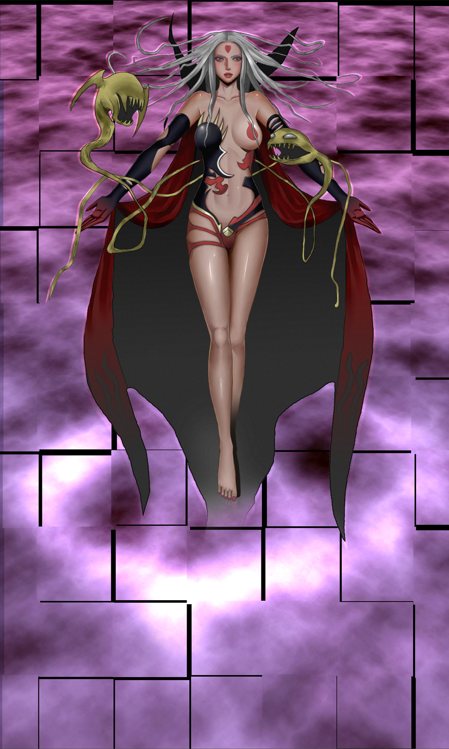 gbou, cloud of darkness, dissidia final fantasy, final fantasy, final fantasy iii, highres, 1990s (style), 1girl, barefoot, breasts, cape, elbow gloves, female focus, gloves, grey hair, large breasts, legs, long hair, long legs, monster, retro artstyle, revealing clothes, solo, thigh gap, thighs