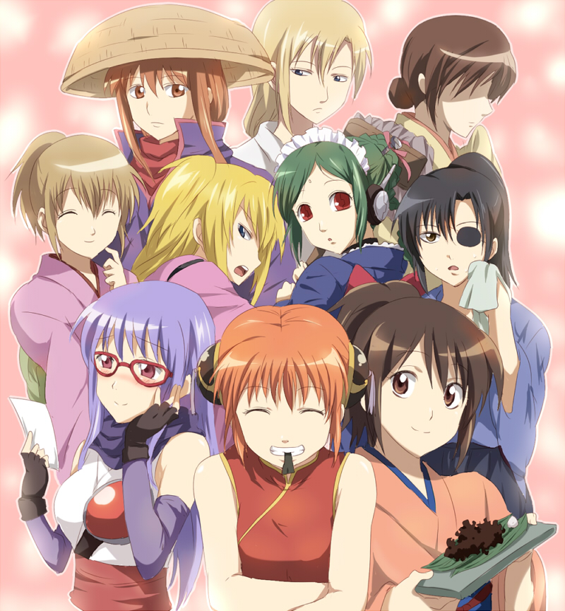 maruki (punchiki), hatsu (gintama), ikumatsu, kagura (gintama), kijima matako, mutsu (gintama), okita mitsuba, sakurazaki setsuna, sarutobi ayame, shimura tae, tama (gintama), yagyuu kyuubei, gintama, bad id, 00s, 6+girls, android, blonde hair, blue eyes, blush, brown eyes, brown hair, china dress, chinese clothes, double bun, dress, everyone, eyepatch, flat chest, glasses, green hair, happy, japanese clothes, kimono, long hair, multiple girls, orange hair, purple hair, red eyes, short hair