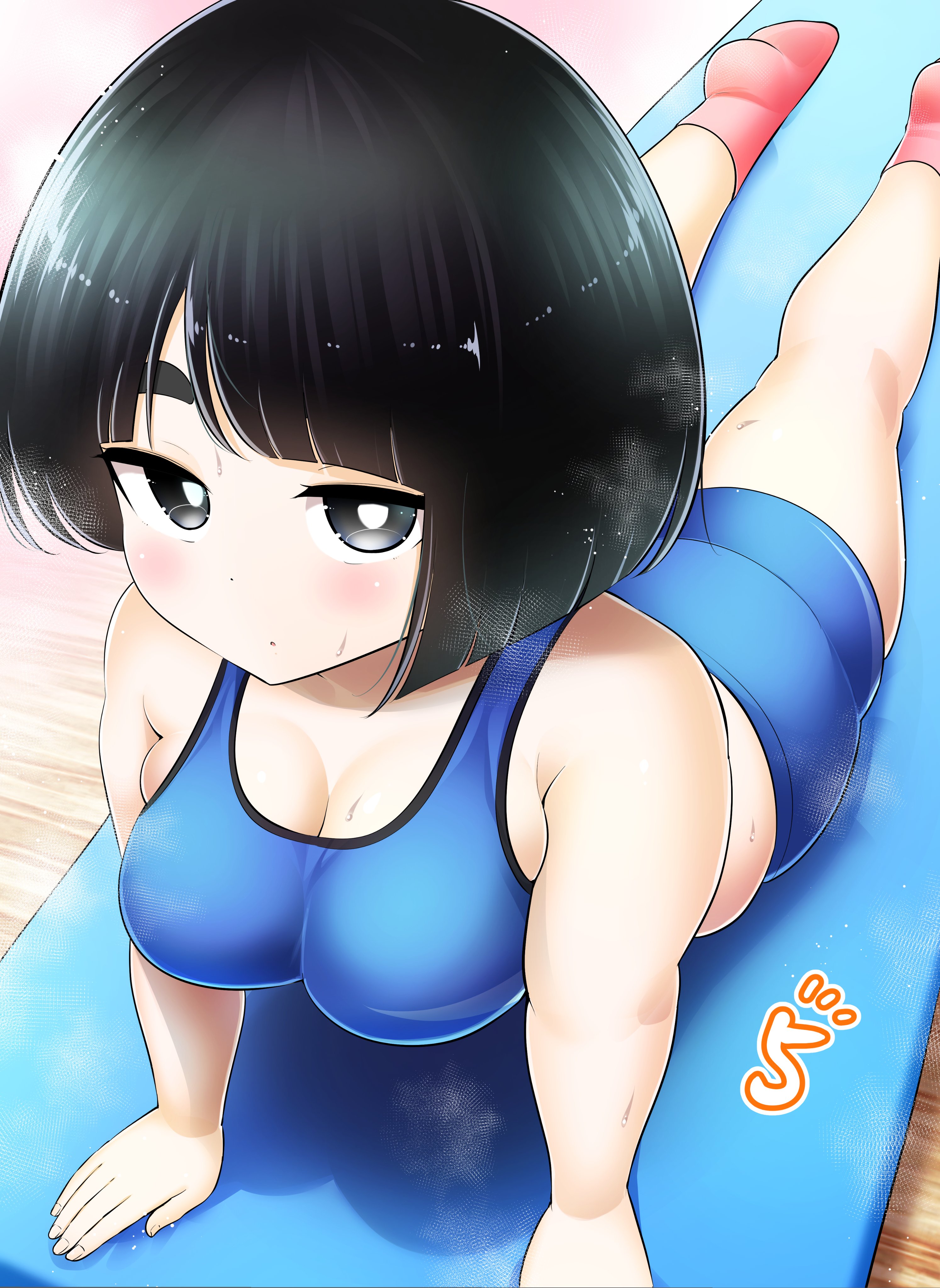 hinoharaf (14310486), absurdres, commentary request, highres, 1girl, arm support, big mukimuki & small muchimuchi, black hair, blue shorts, blush, breasts, dot nose, large breasts, looking at viewer, medium hair, parted lips, pink socks, plump, shadow, shiina (big mukimuki & small muchimuchi), shorts, socks, solo, sweat, thick arms, thick eyebrows, thick thighs, thighs, wooden floor