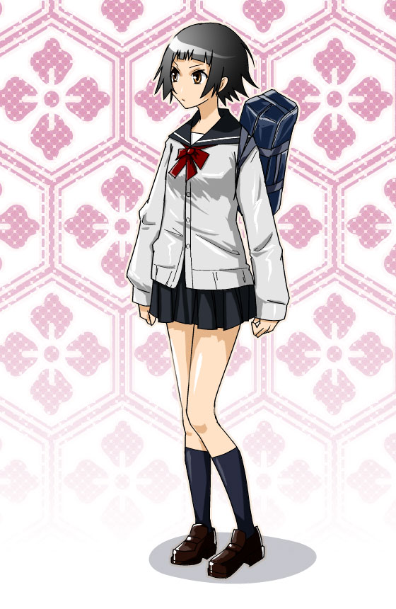 sakebuotoko, tsunetsuki matoi, sayonara zetsubou sensei, bad id, bad pixiv id, 00s, bag, black hair, brown eyes, school uniform, short hair, skirt, socks, solo