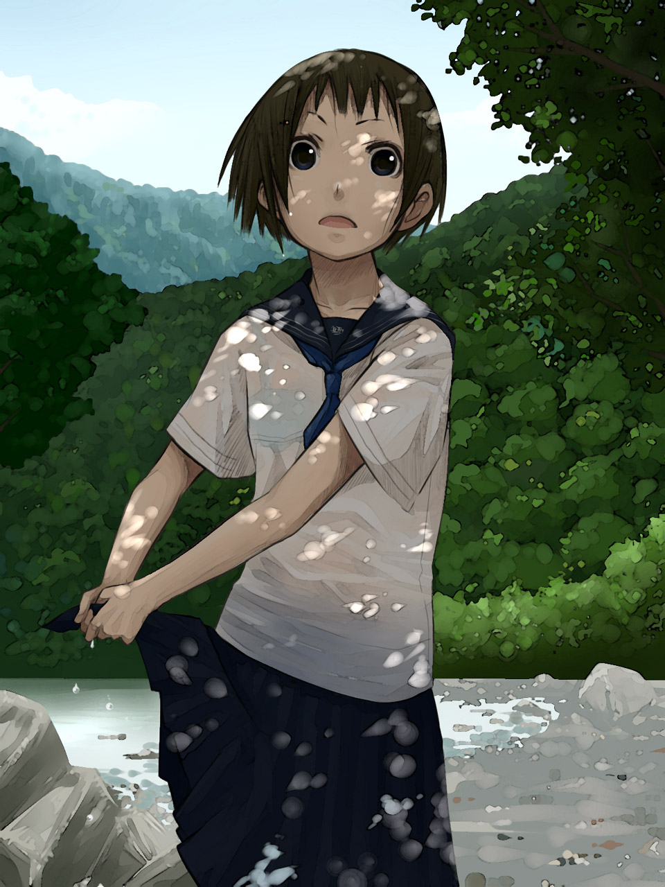 okiru, original, highres, 1girl, black eyes, bra, brown hair, dappled sunlight, female focus, forest, lake, lingerie, mountain, nature, rock, school uniform, see-through clothes, serafuku, shade, short hair, skirt, solo, sunlight, training bra, tree, tree shade, underwear, wet, wet clothes, wet hair, wringing clothes