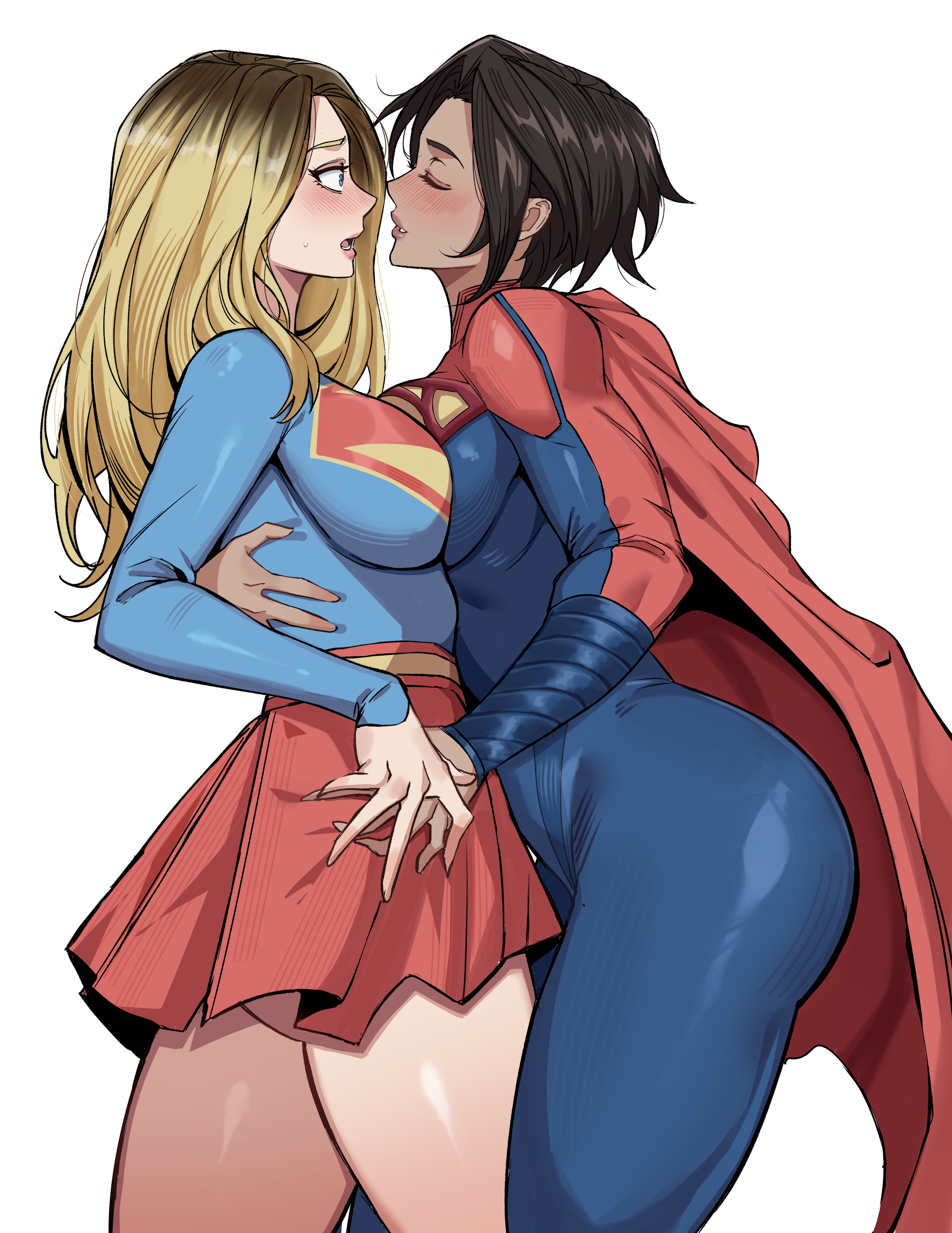 mg991998, kara danvers, supergirl, dc comics, dc extended universe, superman (2025), superman (series), the flash (movie), absurdres, highres, 2girls, ass, belt, blonde hair, blue bodysuit, blue eyes, blush, bodysuit, breast press, breasts, brown hair, cape, closed eyes, hand on another's back, imminent kiss, large breasts, leotard, long hair, multiple girls, multiple persona, red cape, short hair, shy, skirt, sleeved leotard, superhero costume, superman logo, surprised, sweat, thick thighs, thighs, toned, toned female, yuri