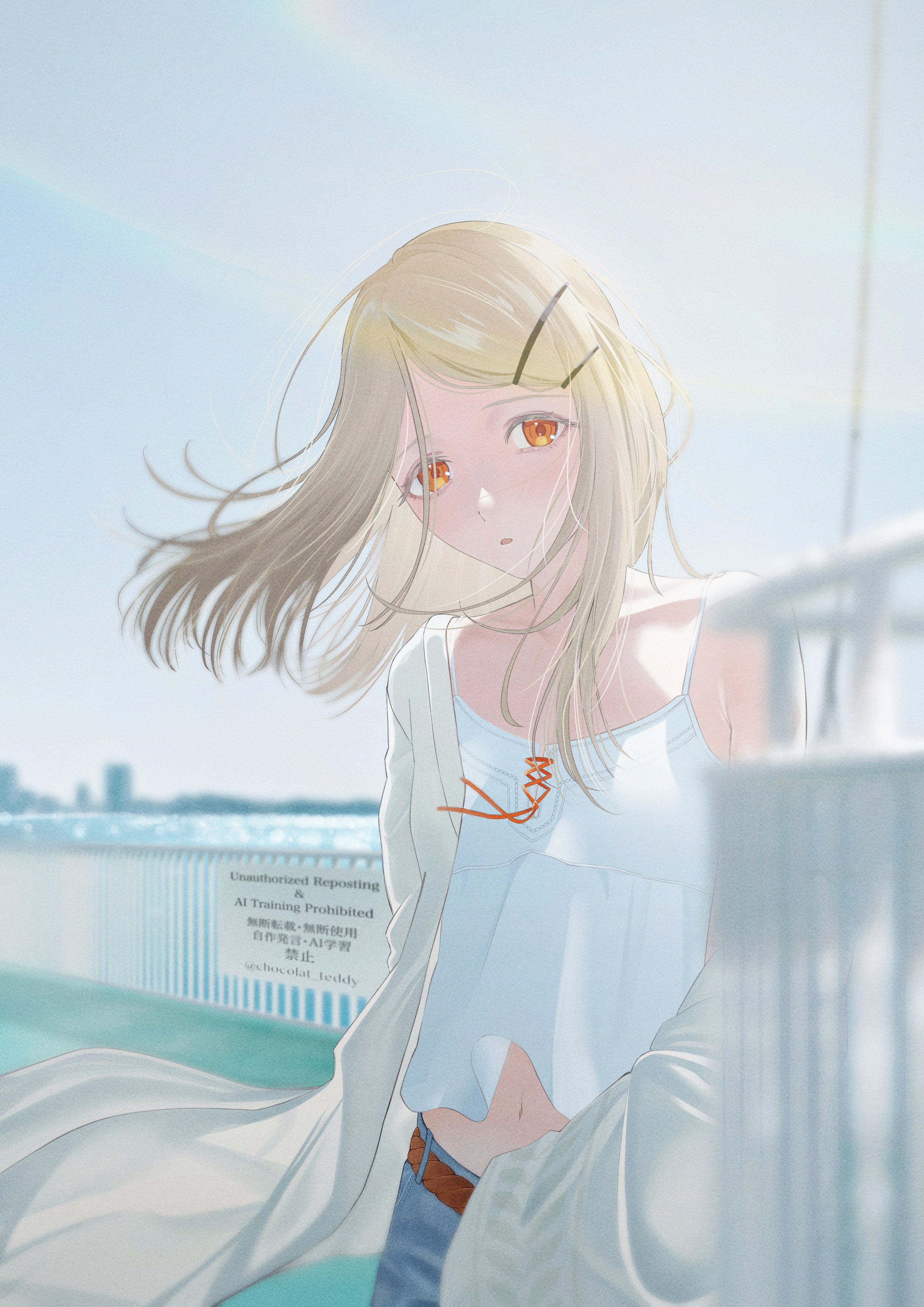 chocolat teddy, shinosawa hiro, gakuen idolmaster, idolmaster, absurdres, highres, 1girl, blonde hair, camisole, coat, expressionless, flat chest, long hair, looking at viewer, navel, open clothes, open coat, orange eyes, outdoors, parted lips, railing, sky, solo, sunlight