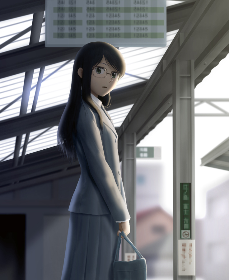 siraha, manjoume fumi, aoi hana, bad id, bad pixiv id, 00s, 1girl, bag, black hair, female focus, formal clothes, glasses, green eyes, long hair, office lady, skirt, skirt suit, solo, suit, train station