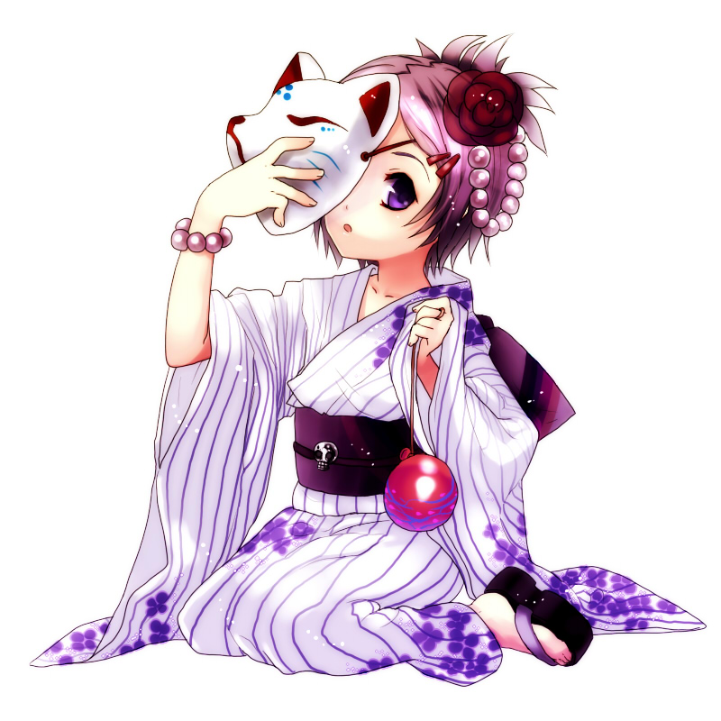 rori (artist), chrome dokuro, katekyo hitman reborn!, bad id, bad pixiv id, 00s, 1girl, child, clog sandals, female focus, fox mask, full body, japanese clothes, jewelry, kimono, kneeling, mask, okobo, platform sandals, purple eyes, purple hair, ring, sandals, short hair, simple background, sitting, solo, striped clothes, striped kimono, vertical-striped clothes, vertical-striped kimono, white background