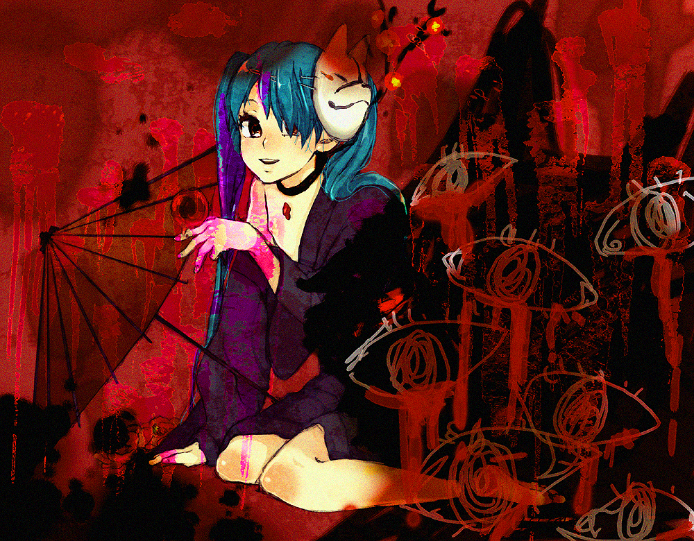 ktro, hatsune miku, musunde hiraite rasetsu to mukuro (vocaloid), vocaloid, bad id, bad pixiv id, 1girl, aqua hair, female focus, flat chest, fox mask, japanese clothes, long hair, mask, oil-paper umbrella, red eyes, sitting, smile, solo, twintails, umbrella