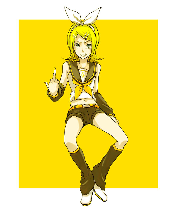 teruya, teruya (6w6y), kagamine rin, vocaloid, bad id, bad pixiv id, 1girl, blonde hair, blue eyes, female focus, grin, hair ornament, hair ribbon, hairclip, middle finger, midriff, ribbon, short hair, shorts, smile, solo