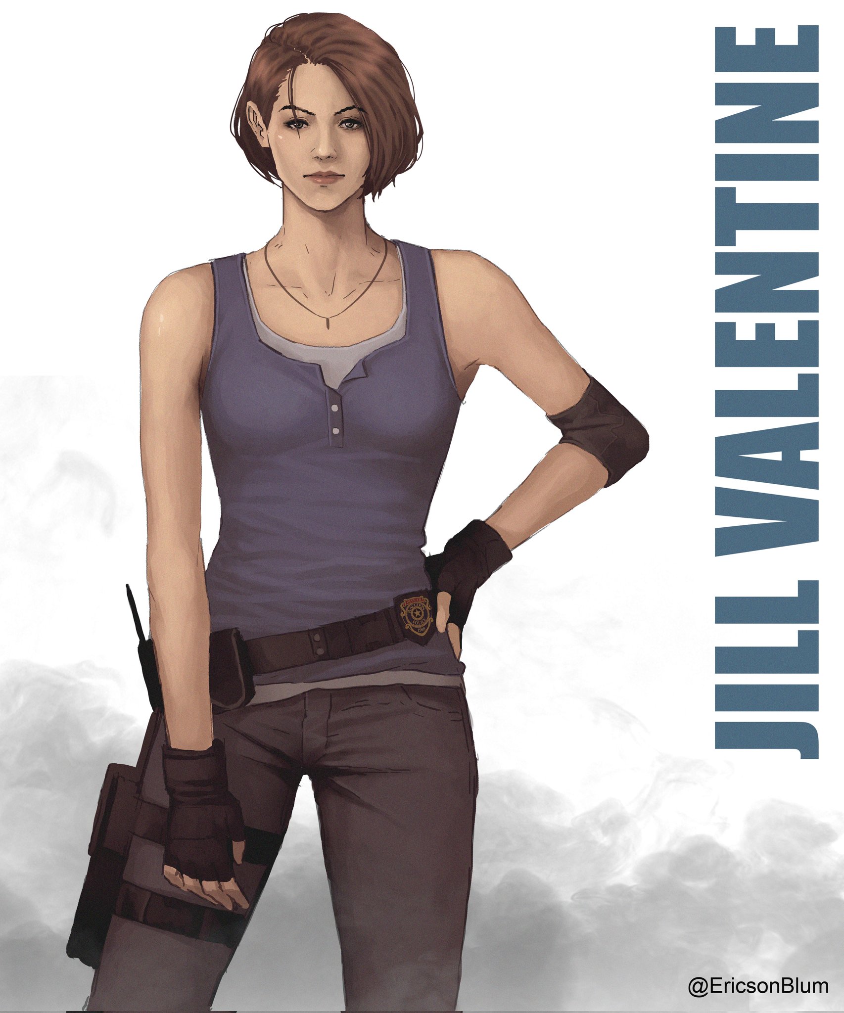 ericson blum, jill valentine, resident evil, resident evil 3: nemesis, resident evil 3 (remake), highres, 1girl, artist name, belt, black gloves, blue shirt, brown hair, character name, fingerless gloves, gloves, hand on own hip, jewelry, necklace, pants, police badge, shirt