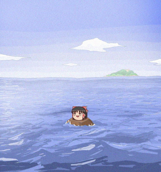 rodney (melagal), hakurei reimu, yukkuri reimu, touhou, bad id, bad pixiv id, bow, cloud, crying, crying with eyes open, hair bow, hair tubes, island, no humans, ocean, solo, tears, trapped, water, waves, yukkuri shiteitte ne
