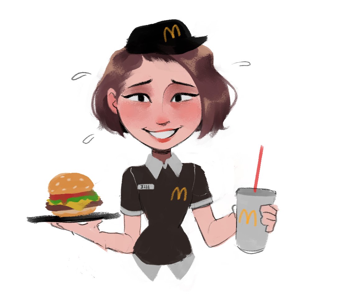 milkghost, jill valentine, mcdonald's, resident evil, 1girl, black hat, black shirt, brown hair, burger, deformed, drink, drinking straw, flying sweatdrops, food, hat, holding, holding drink, holding tray, looking at viewer, shirt, simple background, tray, white background