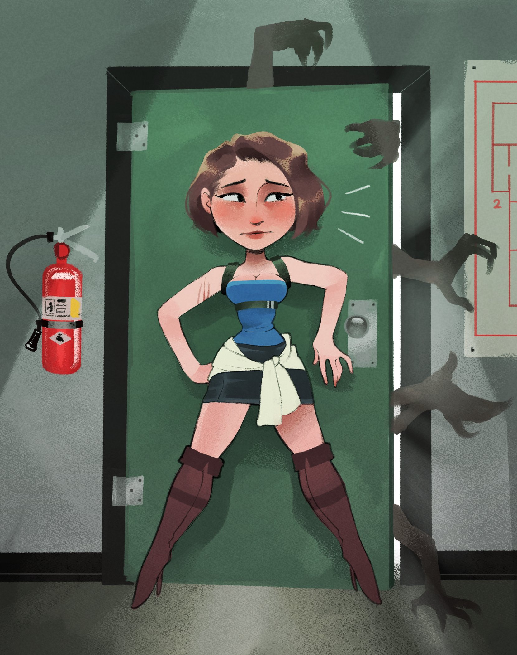milkghost, jill valentine, resident evil, resident evil 3: nemesis, highres, 1girl, black skirt, blue tube top, boots, brown boots, brown hair, clothes around waist, deformed, door, fire extinguisher, miniskirt, skirt, strapless, sweater, sweater around waist, tube top, zombie