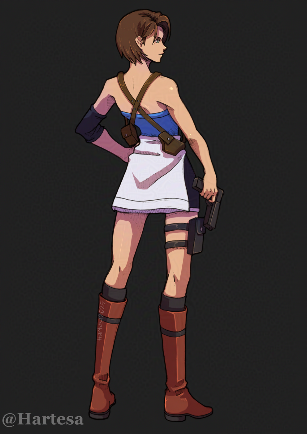 hartesa, jill valentine, resident evil, resident evil 3: nemesis, highres, 1girl, artist name, black background, black skirt, blue eyes, blue tube top, boots, brown boots, brown hair, clothes around waist, simple background, skirt, strapless, sweater, sweater around waist, tube top